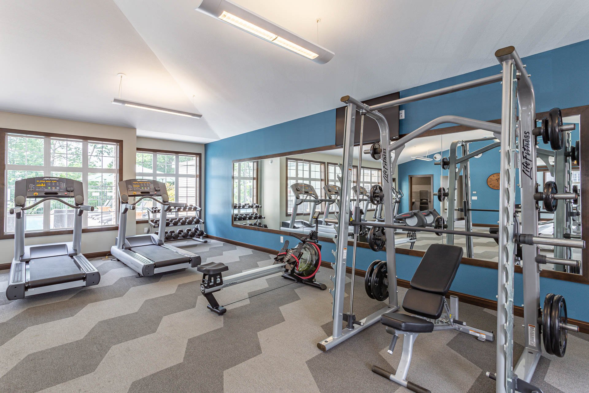 Bright room with large windows featuring gym equipment, including treadmills, a rowing machine, free weights, and a mirror on the wall.
