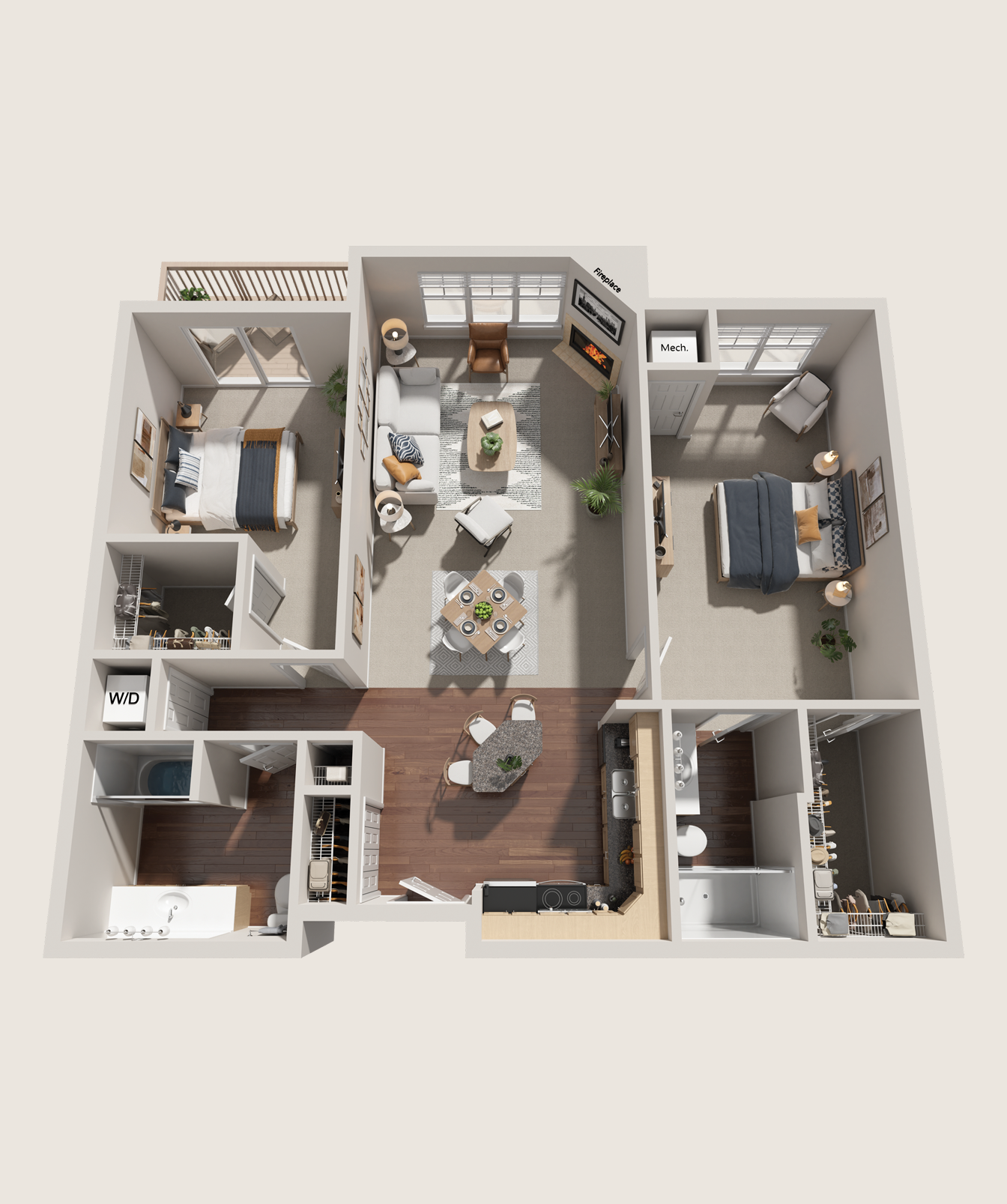 A 3D floor plan of an apartment with two bedrooms, one bathroom, a living room, kitchen, dining area, laundry space, and a balcony.