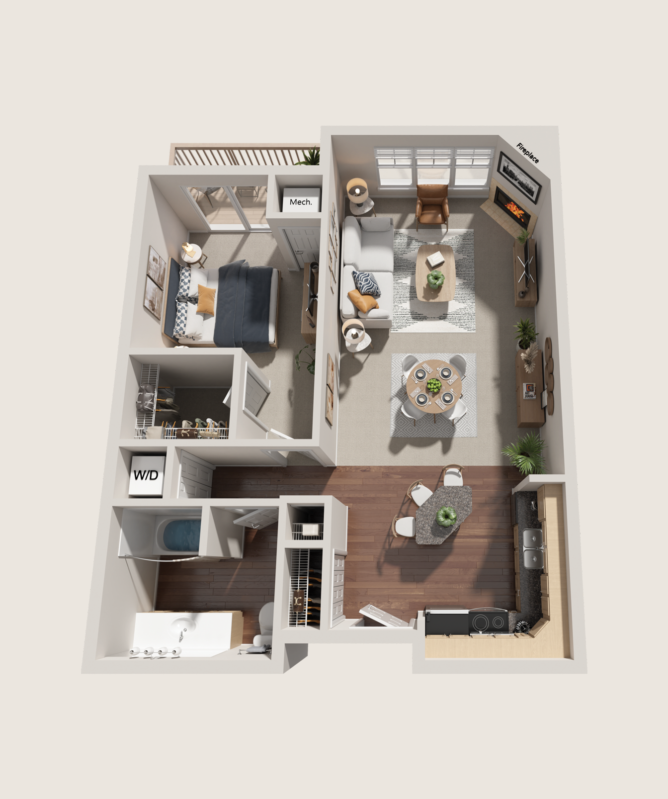A 3D floor plan of a one-bedroom apartment showing a bedroom, living room, kitchen, dining area, bathroom, and laundry space.