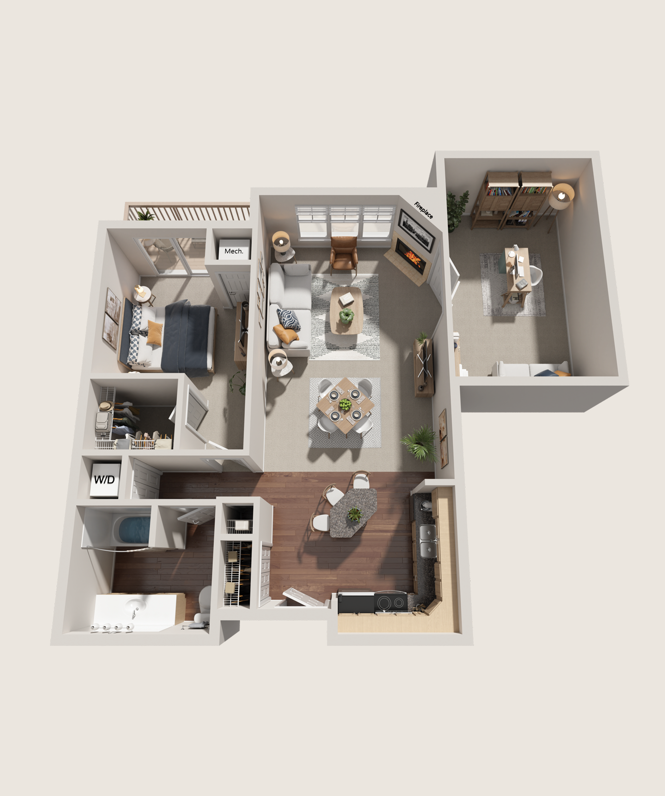 3D floor plan of a one-bedroom apartment with a kitchen, dining area, living room with fireplace, bedroom, office, bathroom, laundry area, and balcony.