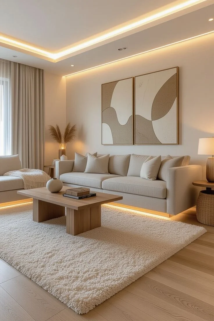 Modern living room with beige sofa, abstract wall art, wooden coffee table, cream rug, side table with lamp, and neutral decor.