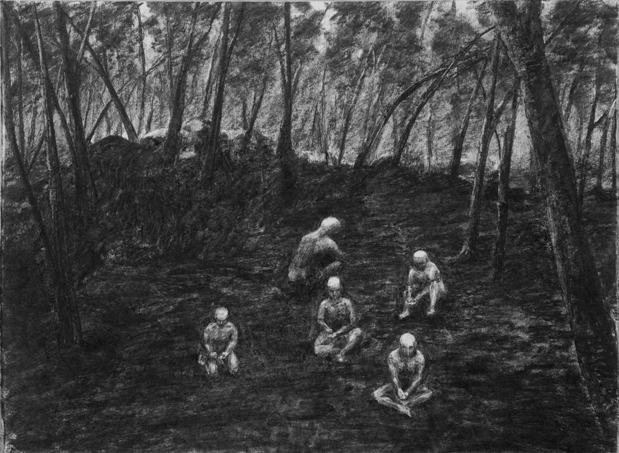 Echo Chamber, 2024, charcoal on paper, 80 x 54cm