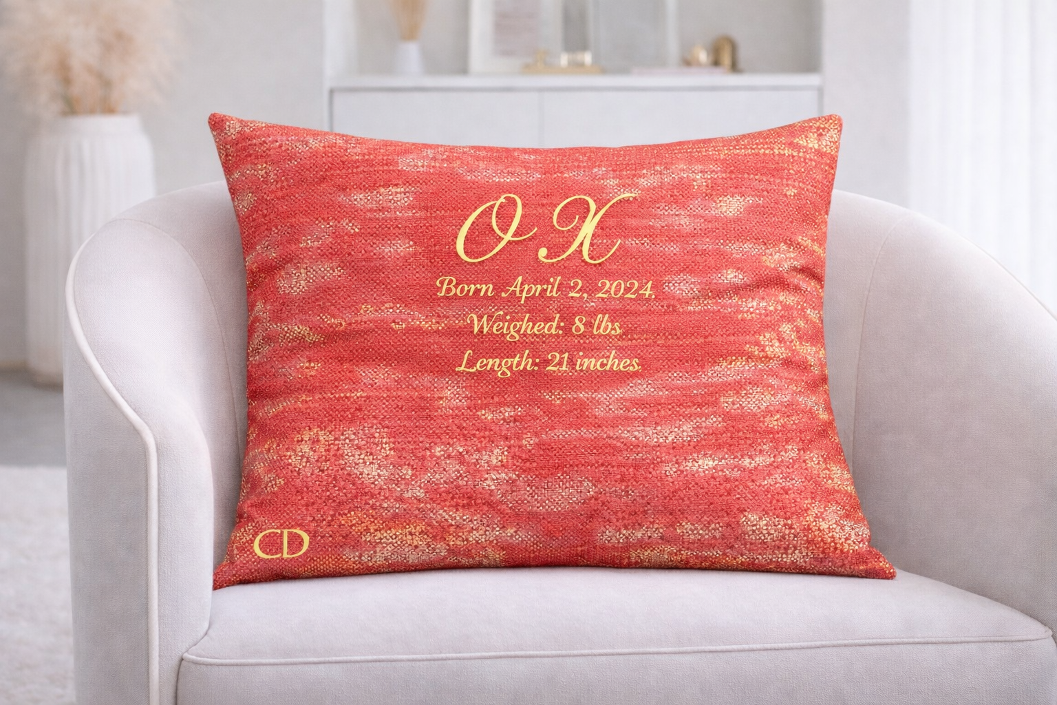 OX - A STORY OF STRENGTH 
Cocoa Desireé Studio 
This oversized 4x4 ft pillow was designed for a baby whose early arrival revealed extraordinary resilience. His strength inspired a nickname that stayed with him - Ox, a symbol of endurance, protection,