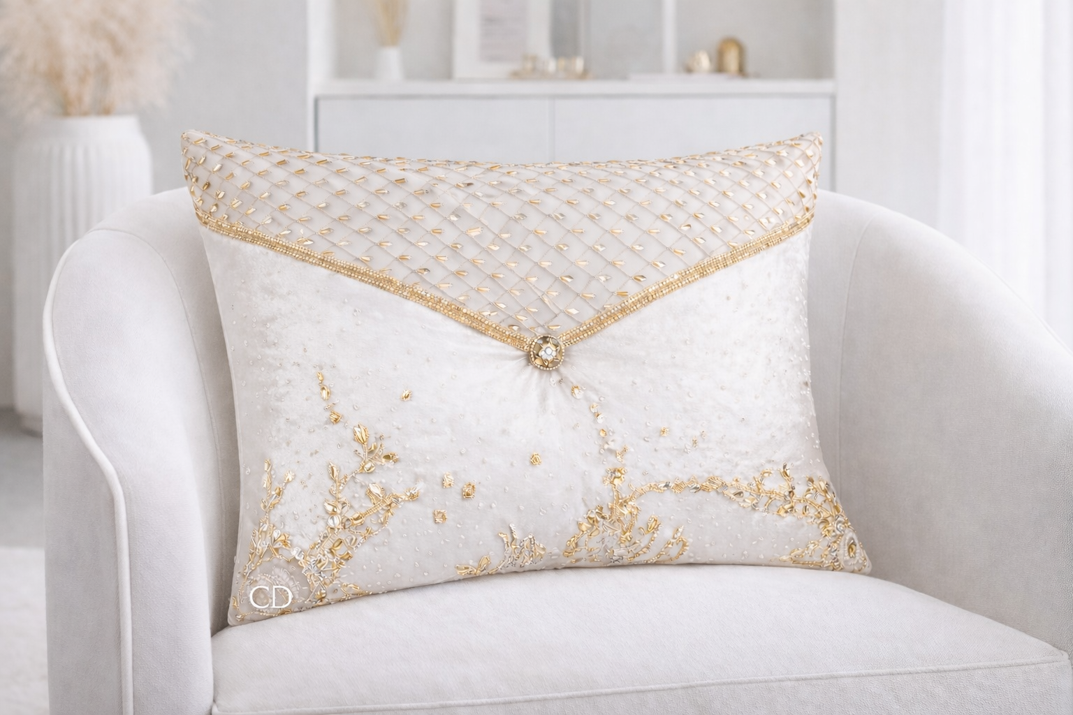 LANDY'S BIRTHDAY 
Cocoa Desireé Studio 
This pillow was commissioned as a birthday gift for someone who appreciates beauty and the finer things in life. 
It was designed as a statement piece for her living room sofa, bringing a touch of elegance to t