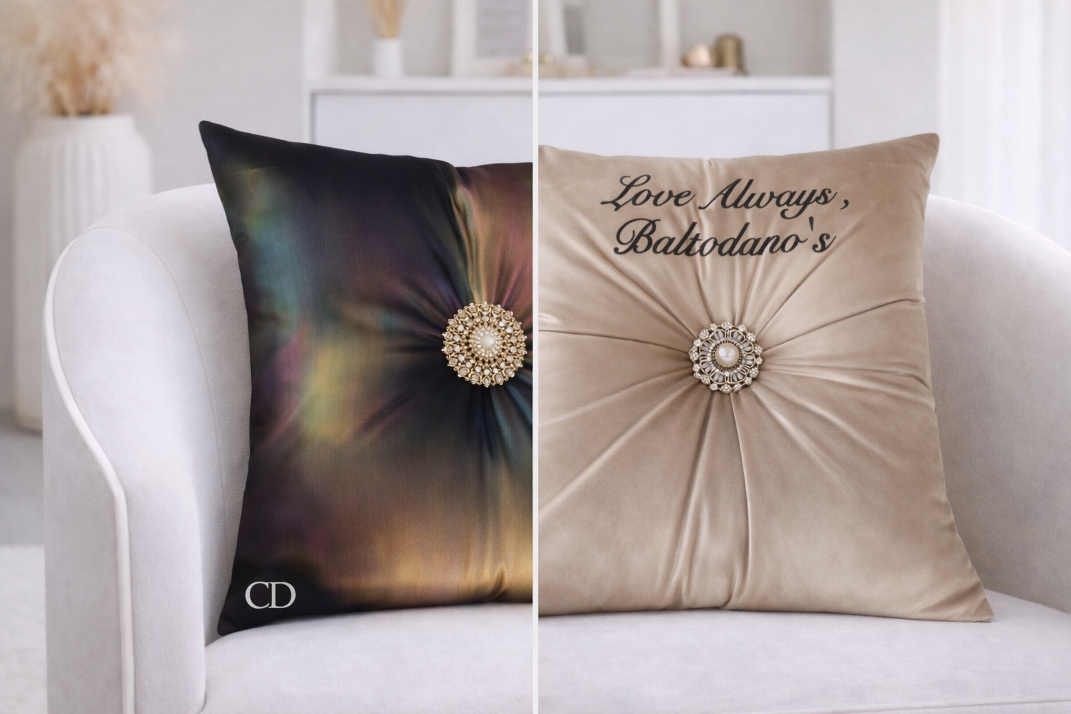 LOVE ALWAYS, BALTODANO'S 
Cocoa Desireé Studio 
This pillow was commissioned as a Christmas gift for someone whose strength and perseverance inspire everyone around her. 
Designed for the home she cherishes, it honors the love and family that surroun