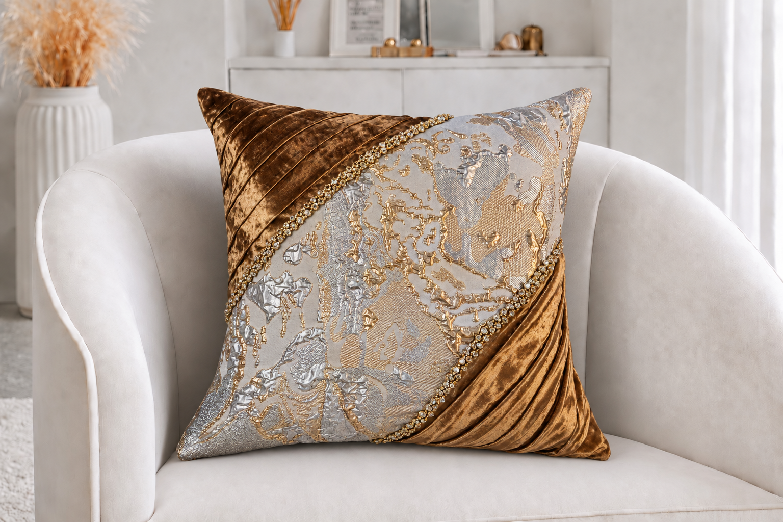 APA  (side 1) 
Cocoa Desireé Studio 
Commissioned as a special gift, this custom design pairs sculpted bronze velvet with an intricate metallic textile, finished with jeweled detailing for added dimension. 
The reverse is personalized with the recipi