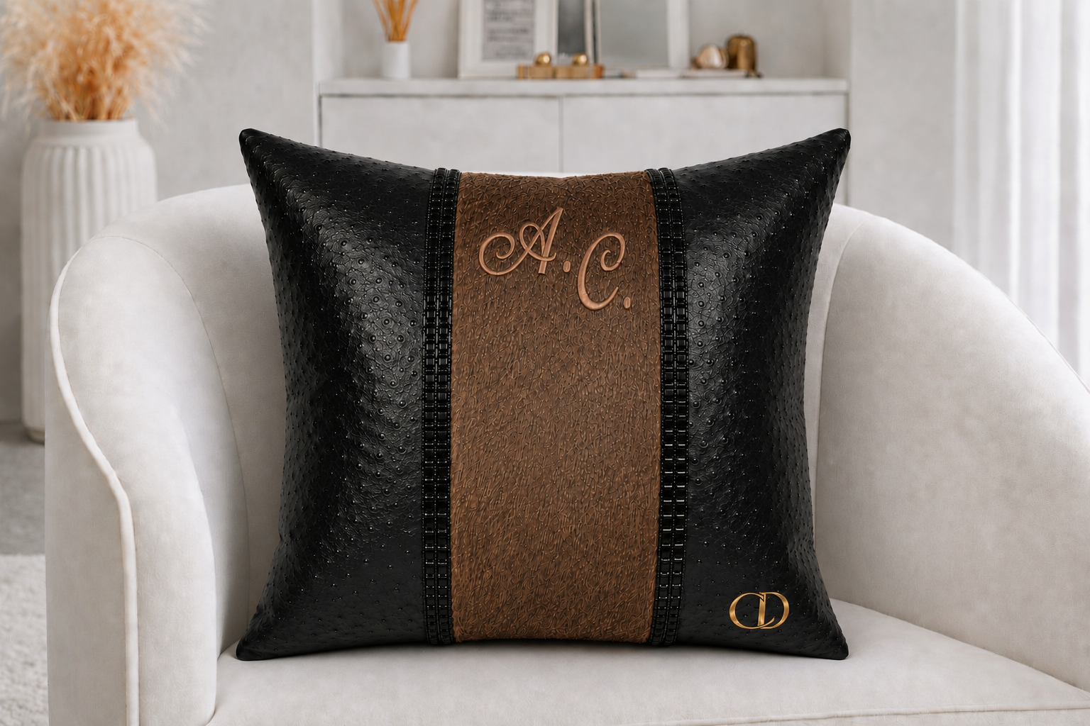 A.C. -  CORPORATE LUX  (side 1)  
Cocoa Desireé Studio  
Commissioned as a gift for a coworker, A.C. was designed to bring personality and distinction to his workspace.  
Rich textures, tailored detailing, and a custom monogram create a statement pie