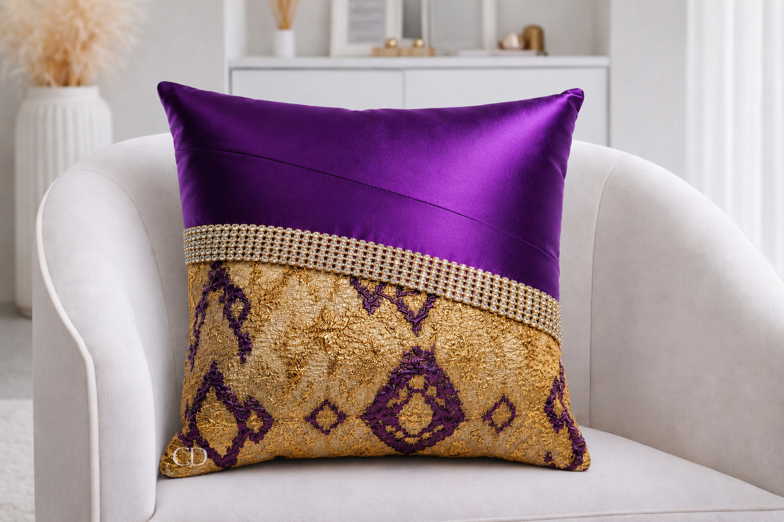 CHANIECE - 40 FINE & FABULOUS (side 1) 
Cocoa Desireé Studio 
A custom birthday pillow pairing luminous purple satin with rich purple-and-gold brocade.  
Finished with crystal trim for an unmistakably luxurious statement.