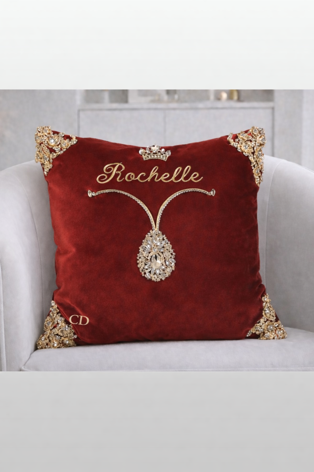 ROCHELLE: CROWNED IN ARIES 
This piece was created after a daughter fell in love with her mother's Cocoa Desireé pillow.  
For her birthday, her mother commissioned a design just for her, featuring her name and a bold Aries expression. A reflection o
