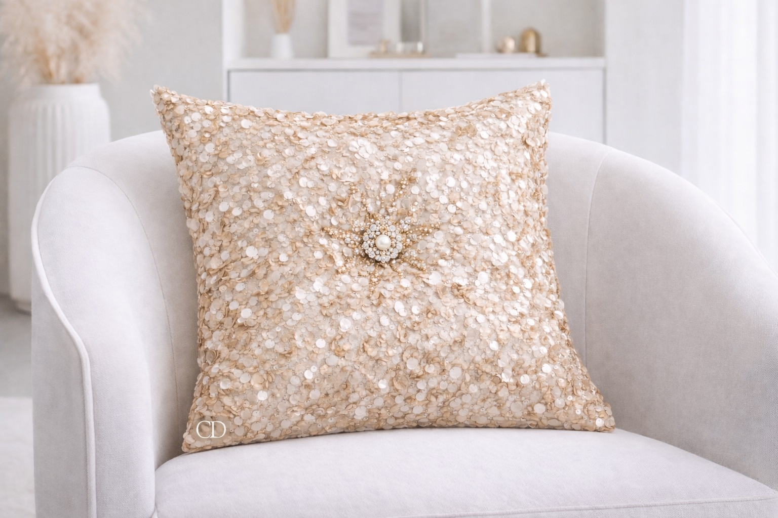 NAËLLE'S HOUSEWARMING 
Cocoa Desireé Studio 
This pillow was commissioned for a newly wed couple as they prepared to move into their first home together. 
The color reflects the palette of their wedding day, carrying a small piece of that celebration