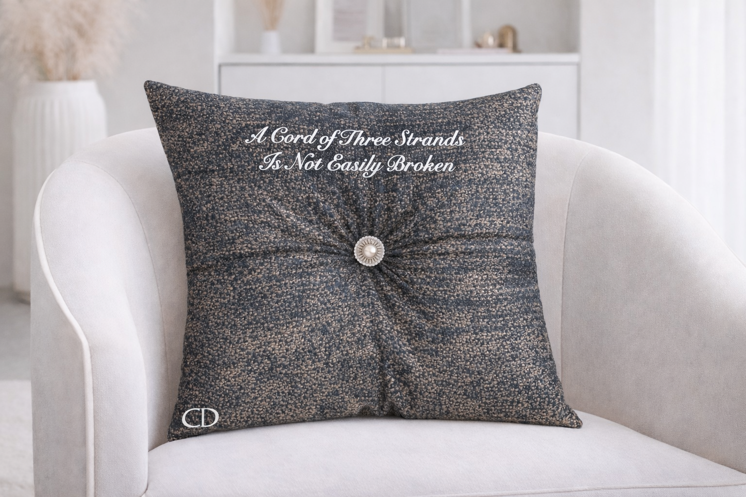 NEWLYWEDS - THE PAULS 
Cocoa Desireé Studio 
This pillow was created for a newlywed couple whose Christian faith is the anchor of their marriage. 
The verse reflects their belief that their relationship is strengthened by keeping God at the center of