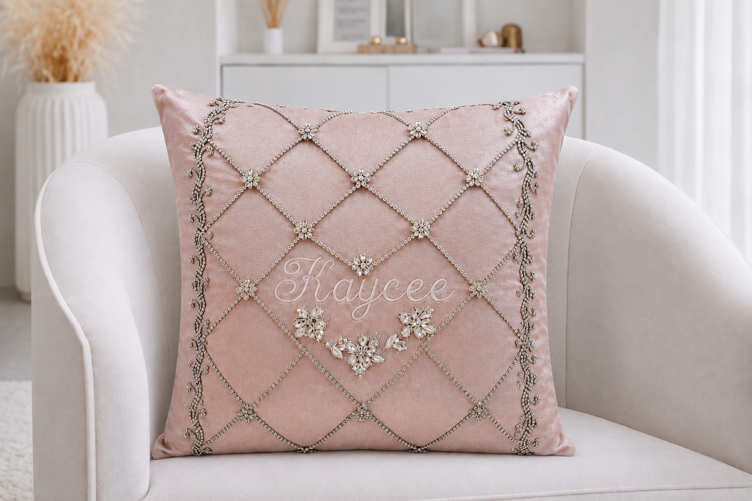 KAYCEE'S SWEET 13  (side 1) 
Cocoa Desireé Studio 
Designed as a birthday keepsake, this custom pillow pairs blush velvet with crystal latticework, jeweled florals, and personalized embroidery.  
A heartfelt message from Grandma on the reverse transf