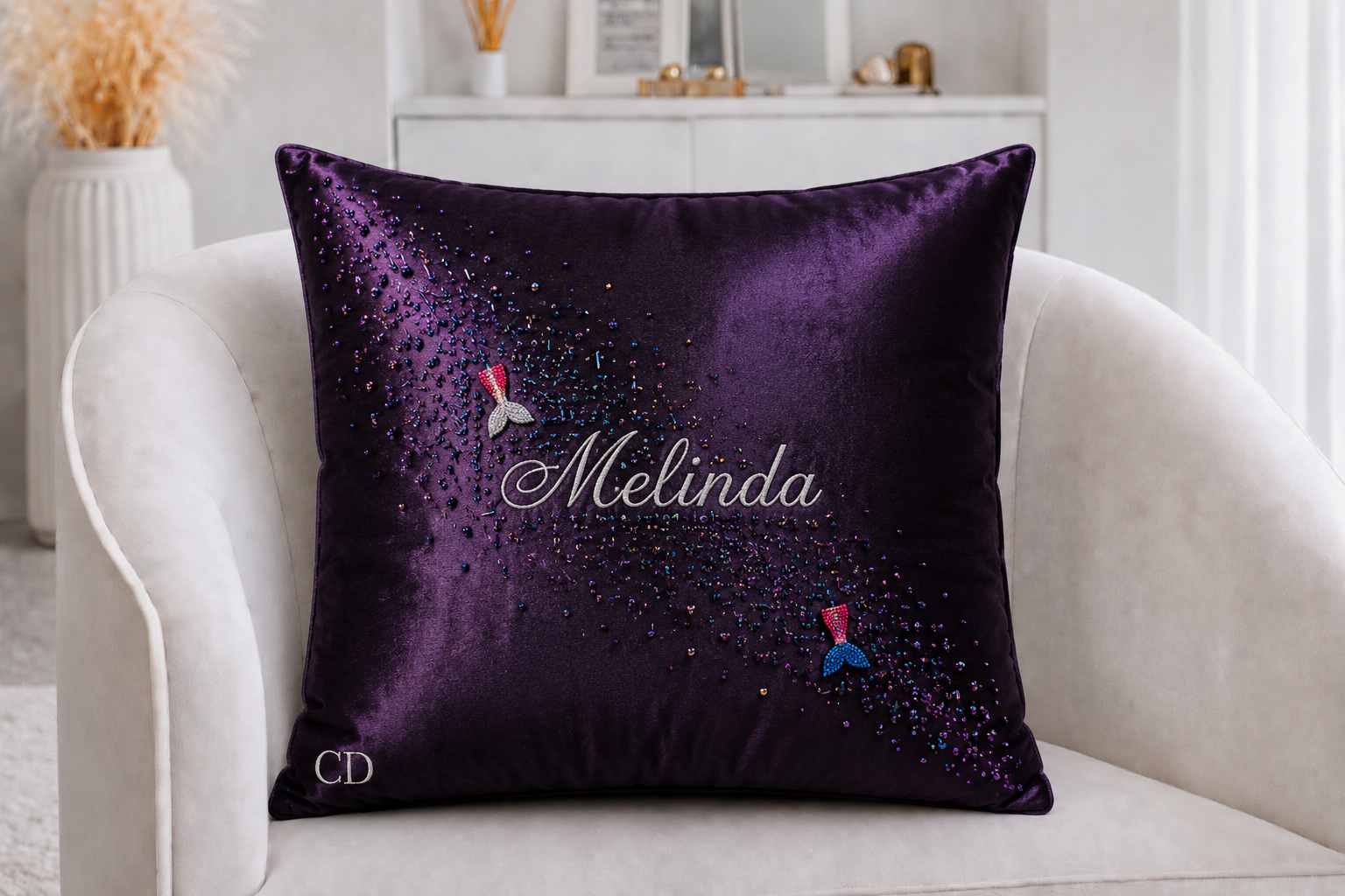 MELINDA - 8TH MERMAID BIRTHDAY (side 1) 
Cocoa Desireé Studio 
Created for an 8-year-old with a love for mermaid-inspired colors.  
Playful jeweled details and keepsakes from her celebration were incorporated into the design.