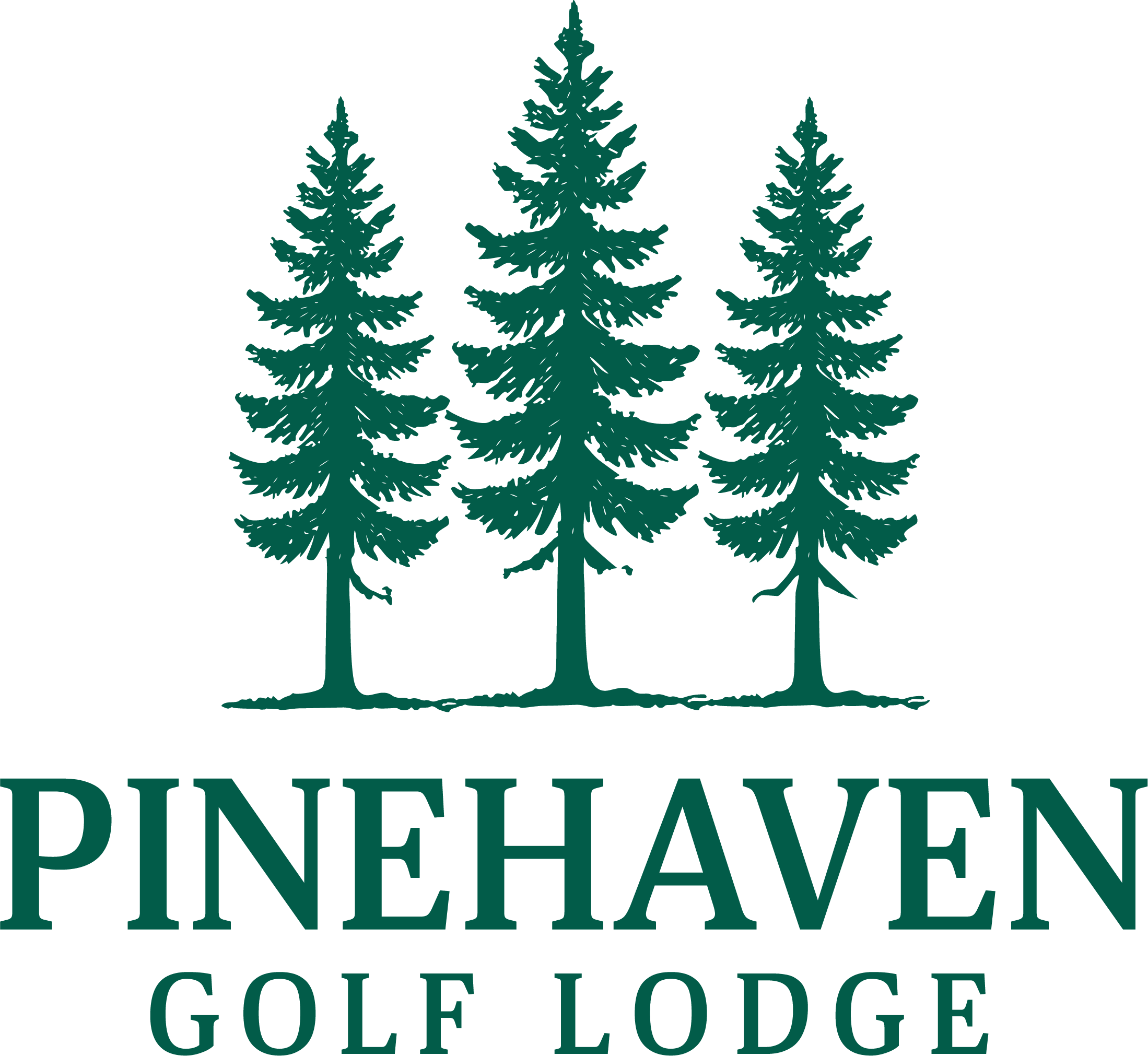 Logo with three pine trees above the text 'Pinehaven Golf Lodge' in green.
