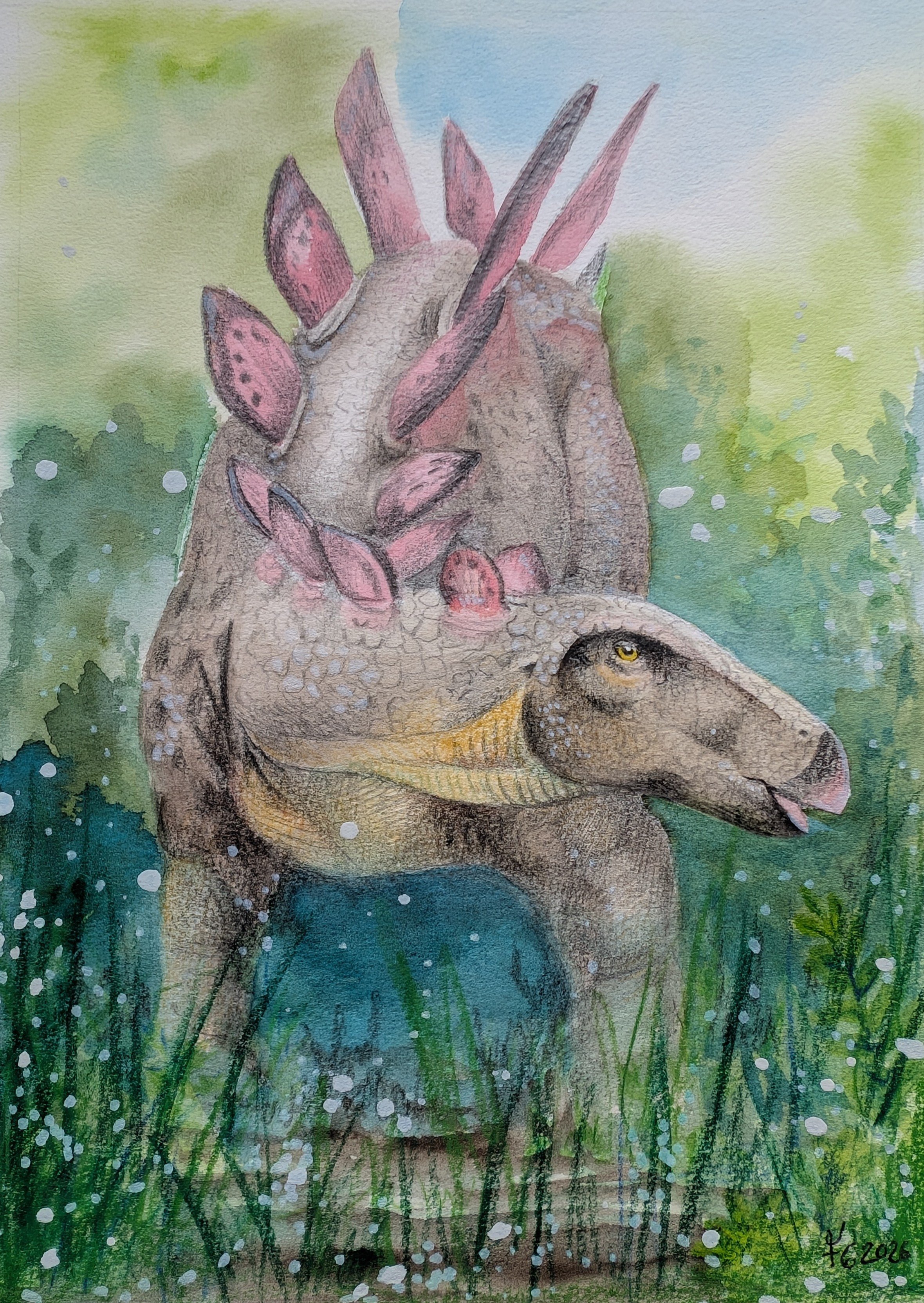 A realistic, handmade watercolor painting of a Stegosaurus in grass.