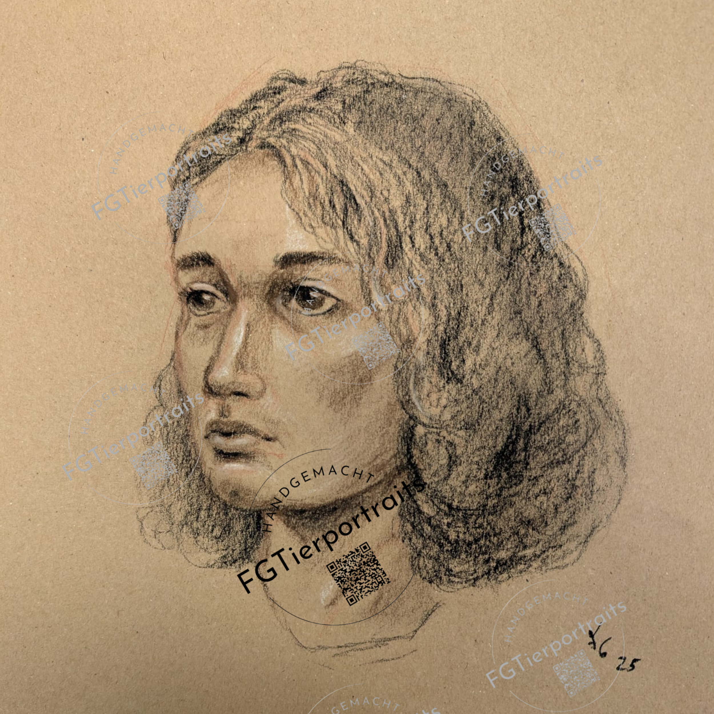 Handgezeichnetes Porträt eines jungen Mannes mit langer, gewellter Haarmähne.