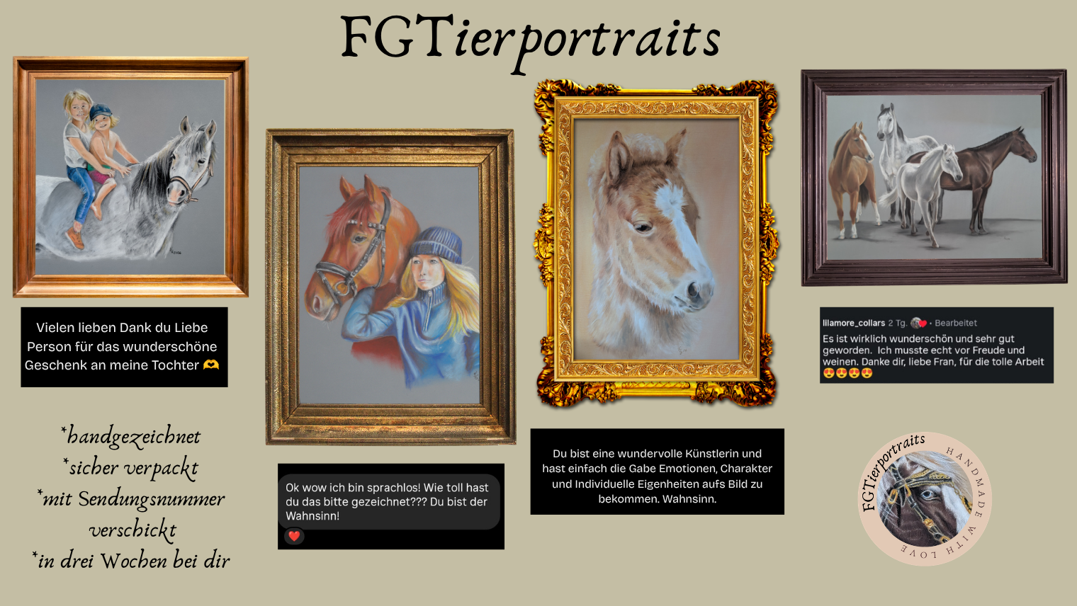 Collage von fünf Pferdeporträts in verschiedenen Rahmen, darunter eine Zeichnung von zwei Mädchen auf einem weißen Pferd, eine Bleistiftzeichnung eines braunen Pferdes mit einem Kind, ein Porträt eines Fohlen in einem goldenen Rahmen, ein Gemälde von mehreren Pferden, und ein Logo mit einem Pferdekopf.