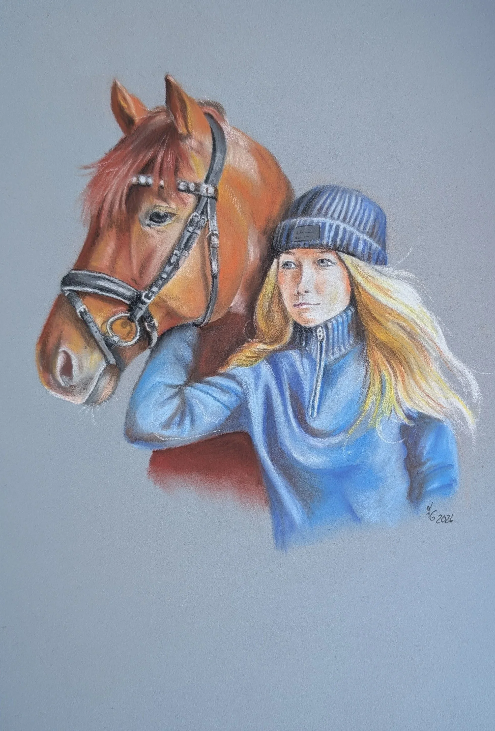 Ein brauner Hengst und ein blondes Mädchen, handgemalt mit Pastellkreide