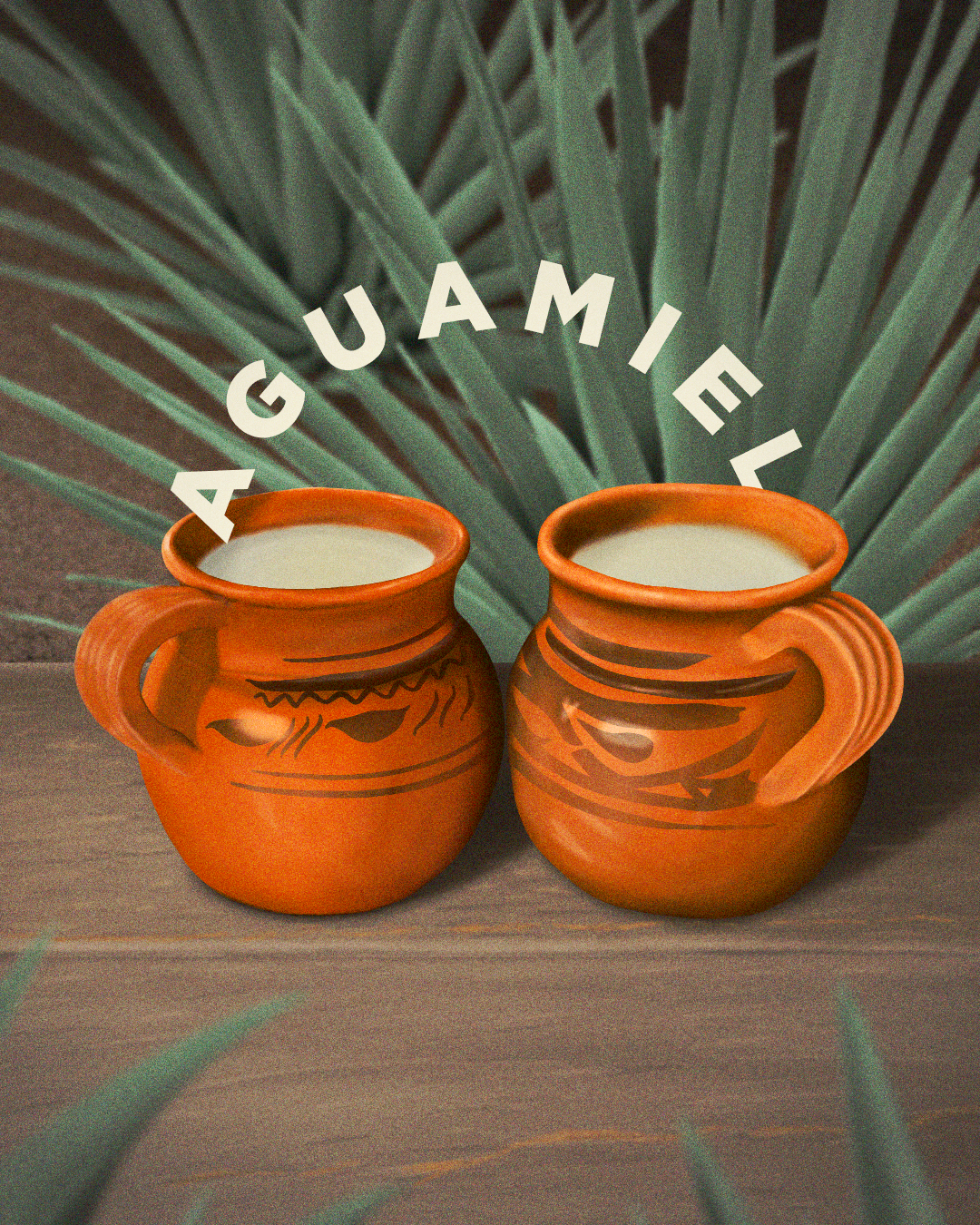 Dos jarras de barro con diseños tradicionales, contenidas en ellas bebidas de color blanco, con fondo de hojas verdes.