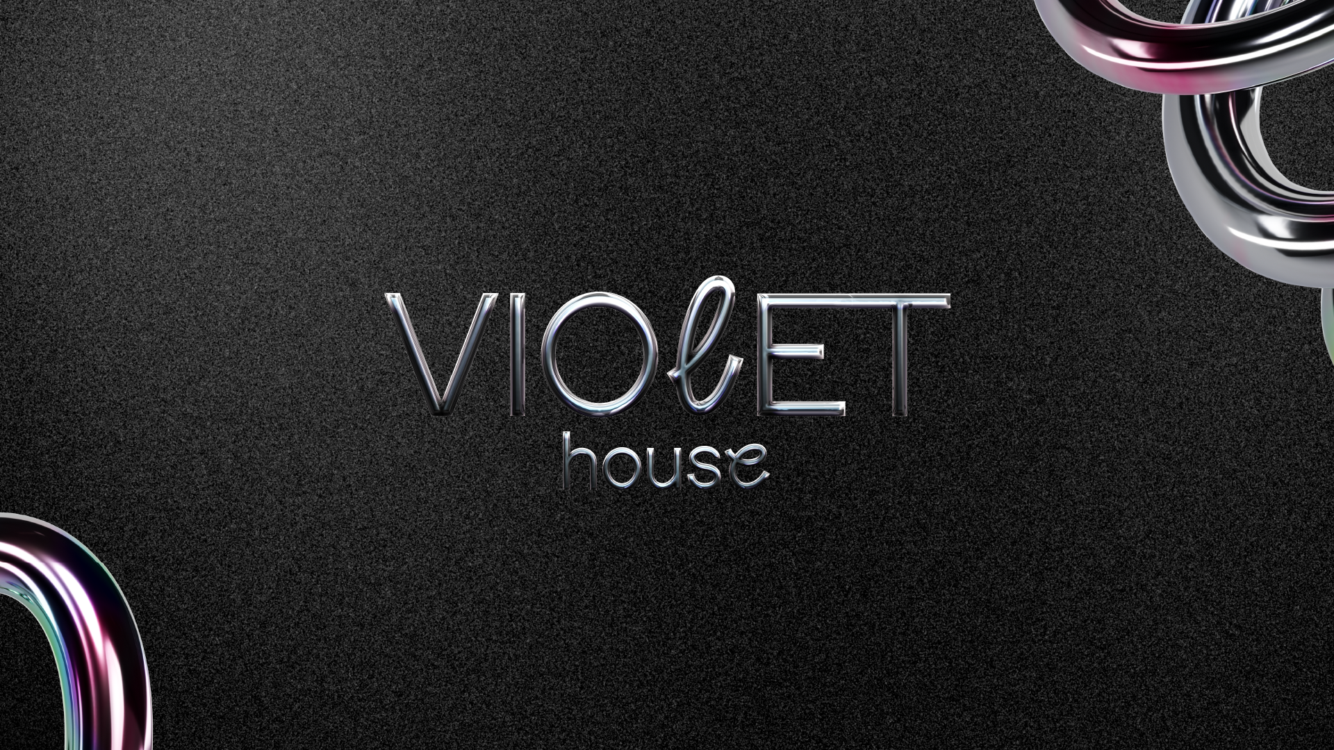 Logo de VIOLET house en letras metálicas en un fondo negro con textura y decoraciones modernas de colores