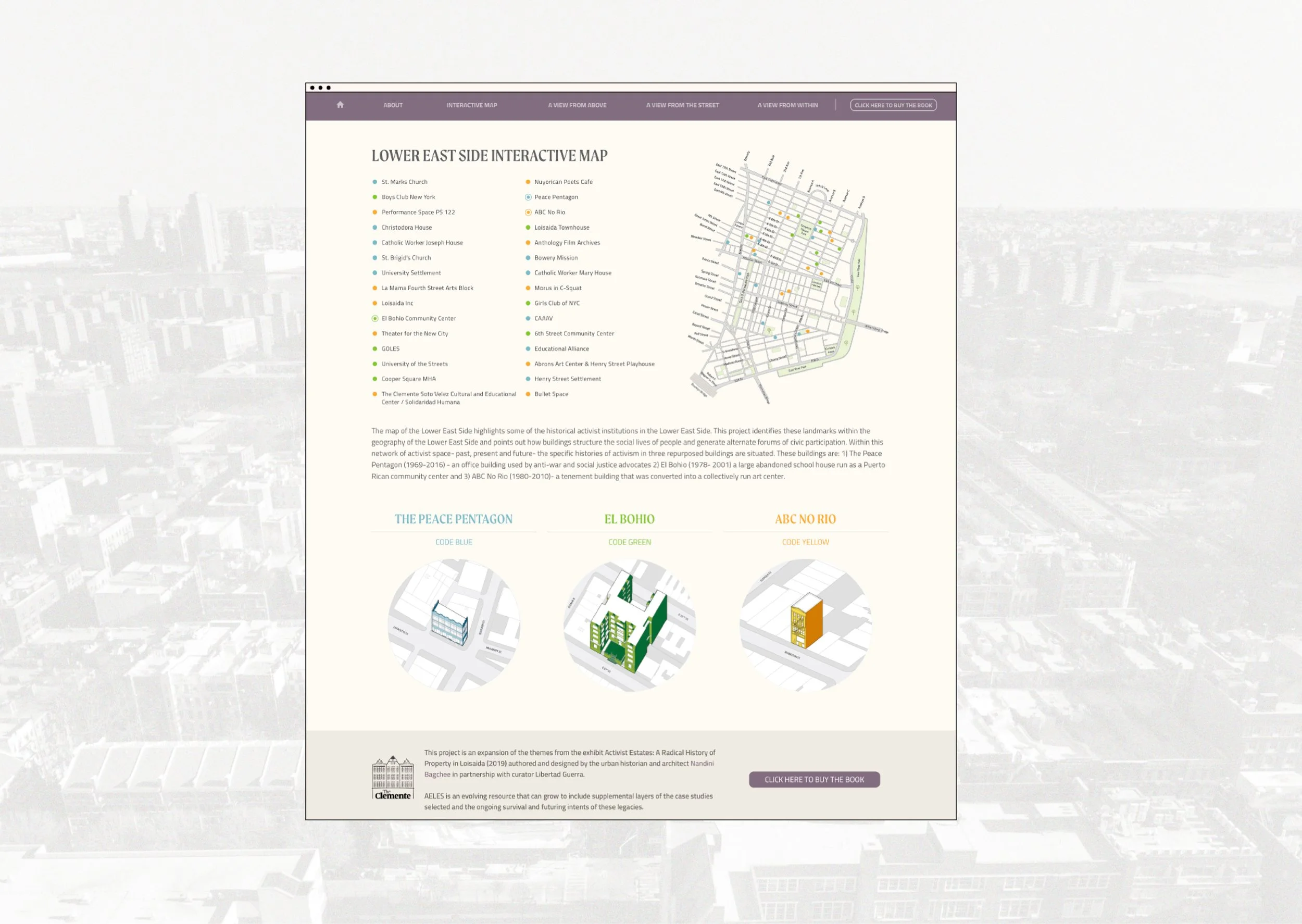 Mapa interactivo del lado sureste con puntos señalando lugares históricos y culturales, y diagramas en la parte inferior explicando diferentes sitios como The Peace Pentagon, El Bohío y ABC No Río.