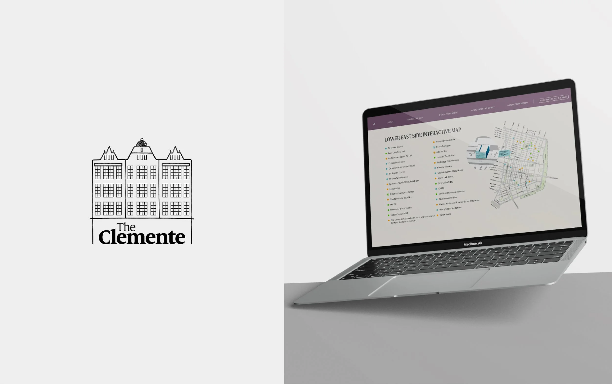 El logo de The Clemente y una computadora portátil abierta mostrando un mapa interactivo de la zona lower east side.