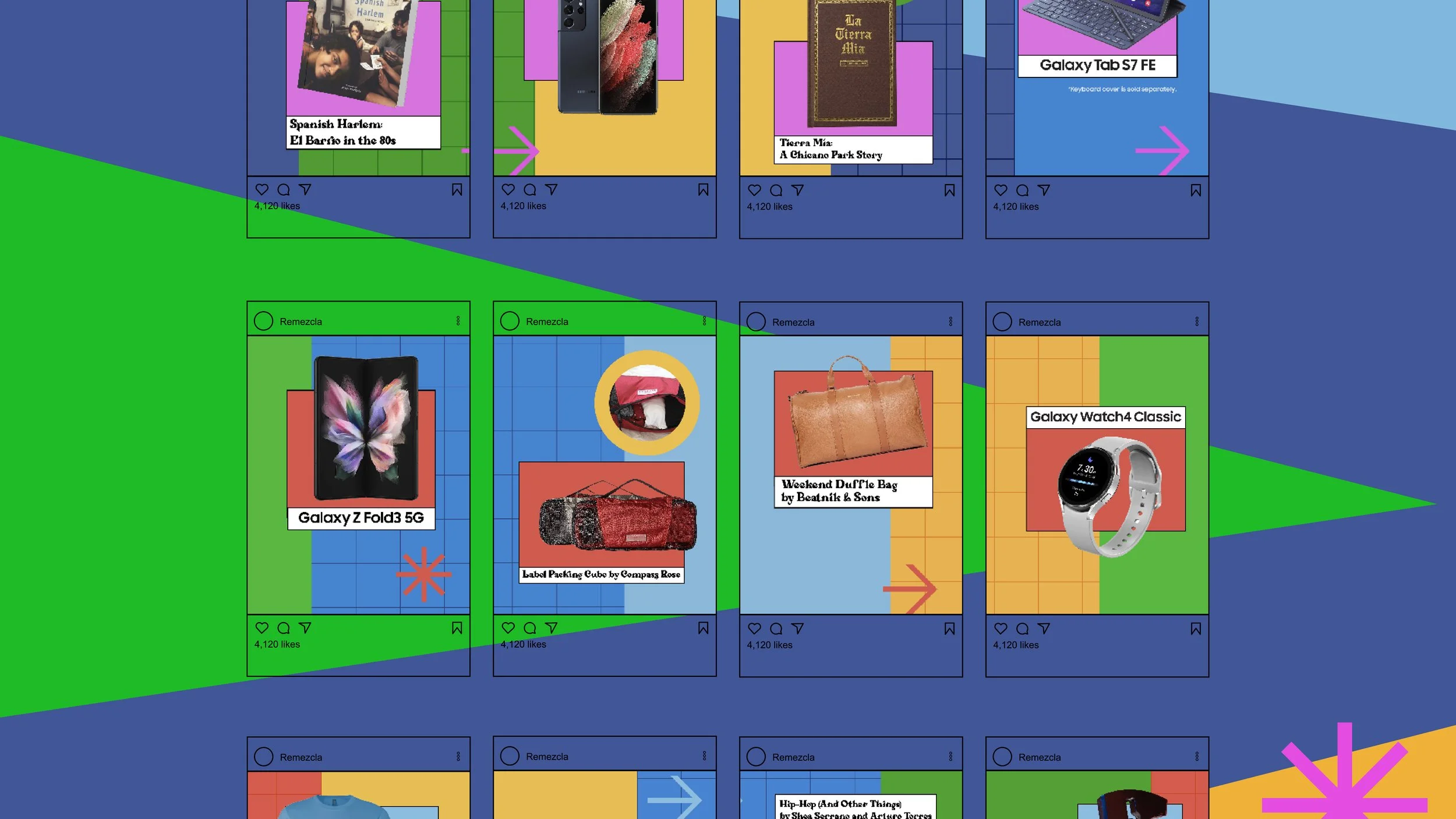 Collage de varias publicaciones de redes sociales mostrando diferentes productos y libros, incluyendo un diario titulado 'La Tierra Mía', una tableta Samsung Galaxy Z Fold3 5G, una bolsa de mano de cuero, un reloj Galaxy Watch4 Classic, y otros artículos de tecnología y accesorios.