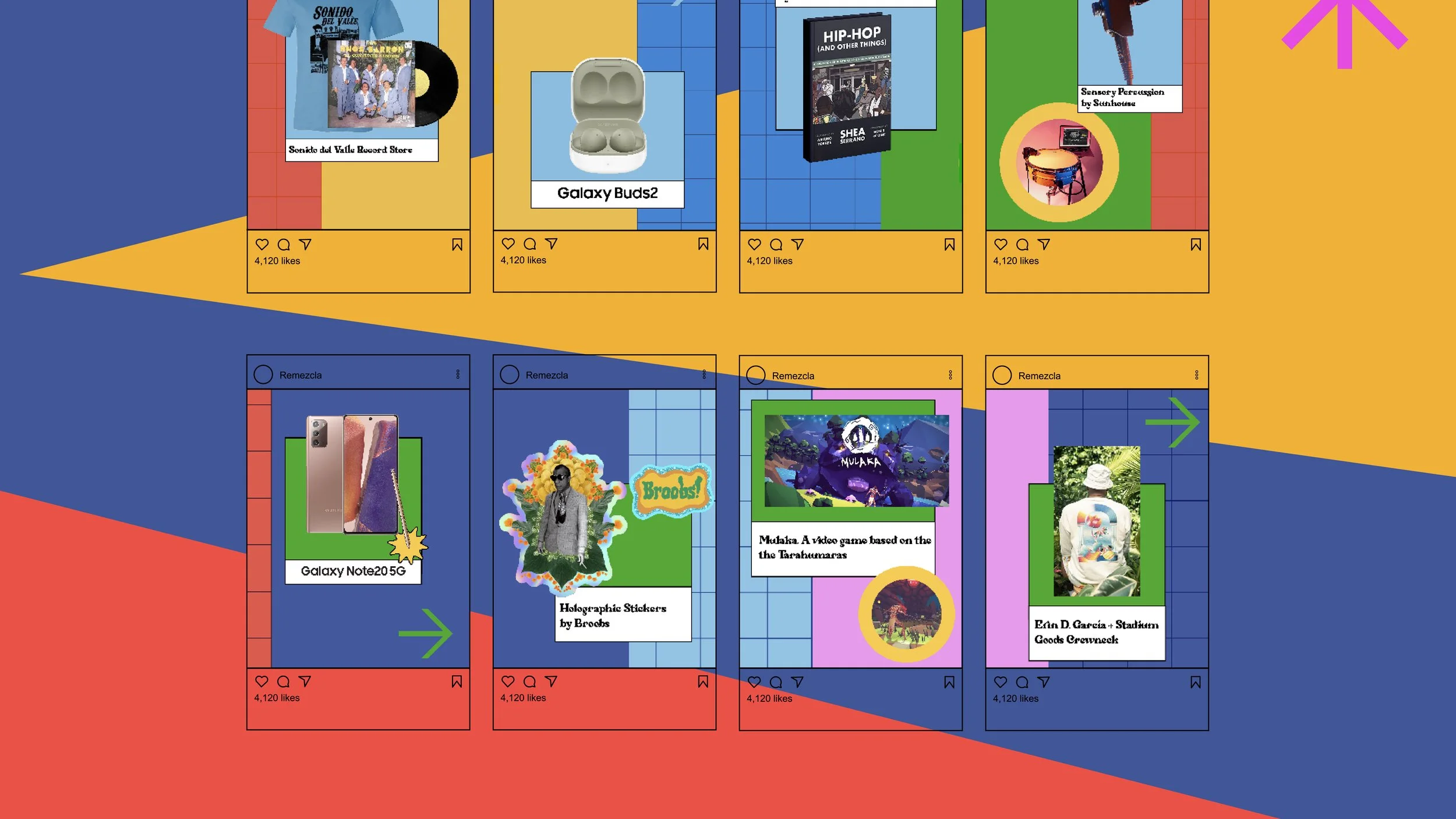 Una ilustración colorida que representa varias publicaciones de redes sociales con diferentes productos y contenidos, incluyendo discos, audífonos, libros, stickers holográficos, un videojuego y una persona con ropa con diseño propio en diferentes fondos geométricos y vibrantes.