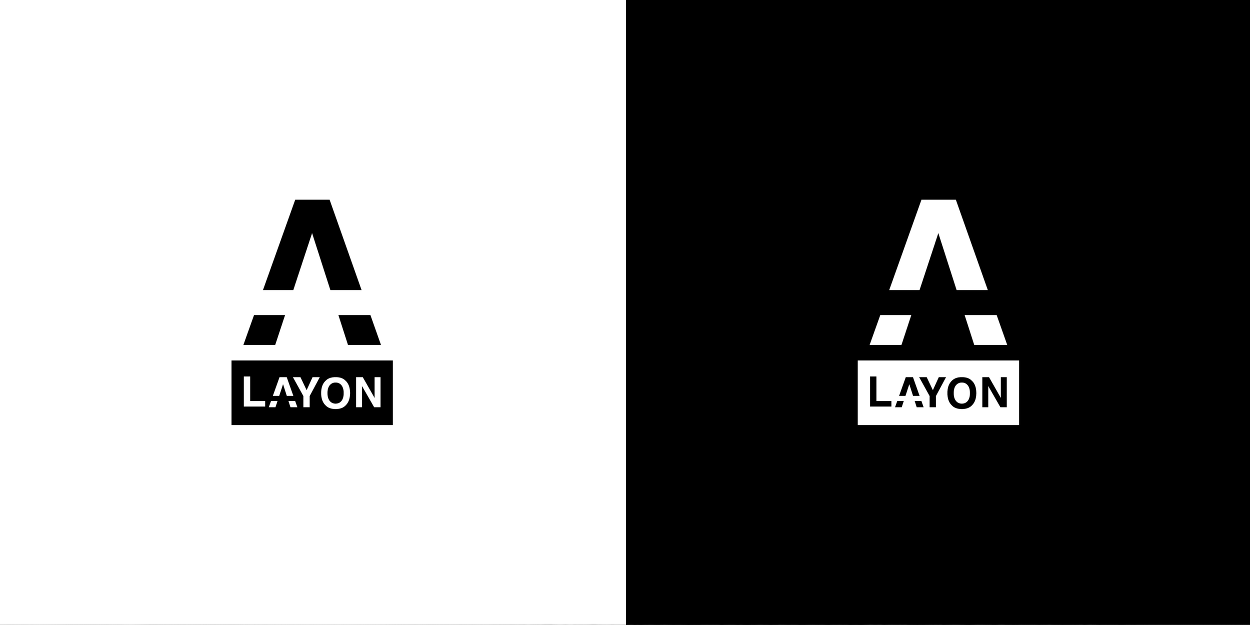 Logotipo en versión invertida, con fondo blanco y negro, que muestra una letra A estilizada y la palabra 'LAYON' en la parte inferior.