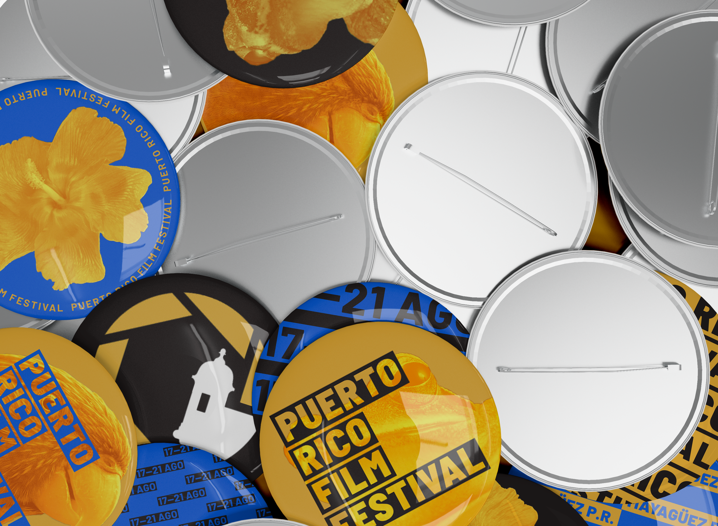 Carteles y tapas de latas en colores amarillo, negro, azul y blanco promocionando el Festival de Cine de Puerto Rico, con imágenes de flores y texto en español.