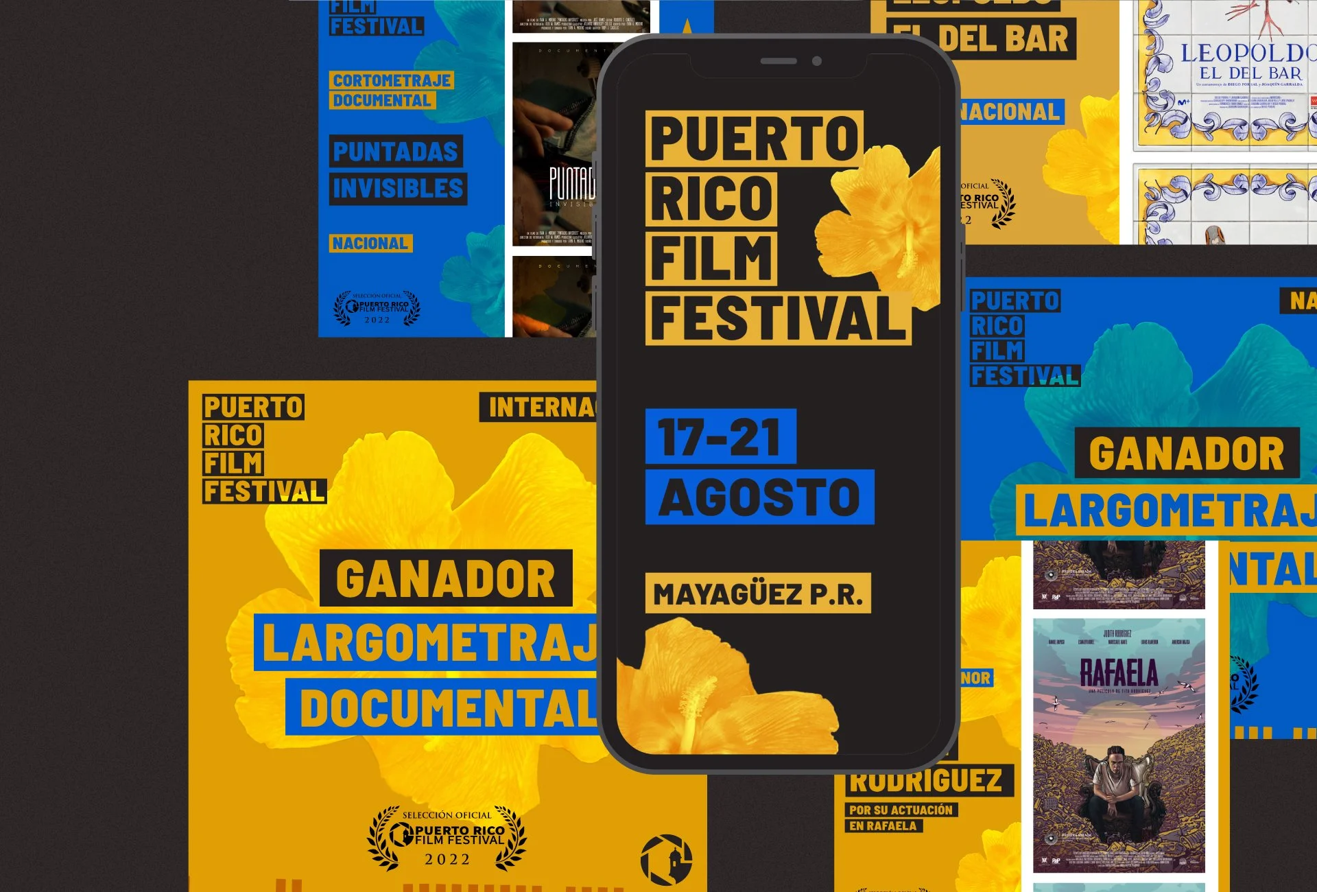 Carteles del Festival de cine de Puerto Rico 2022 en colores azul y amarillo con flores tropicales, mostrando fechas del 17 al 21 de agosto en Mayagüez, premios a documentales y cortometrajes, y anuncios específicos de ganadores y categorías.