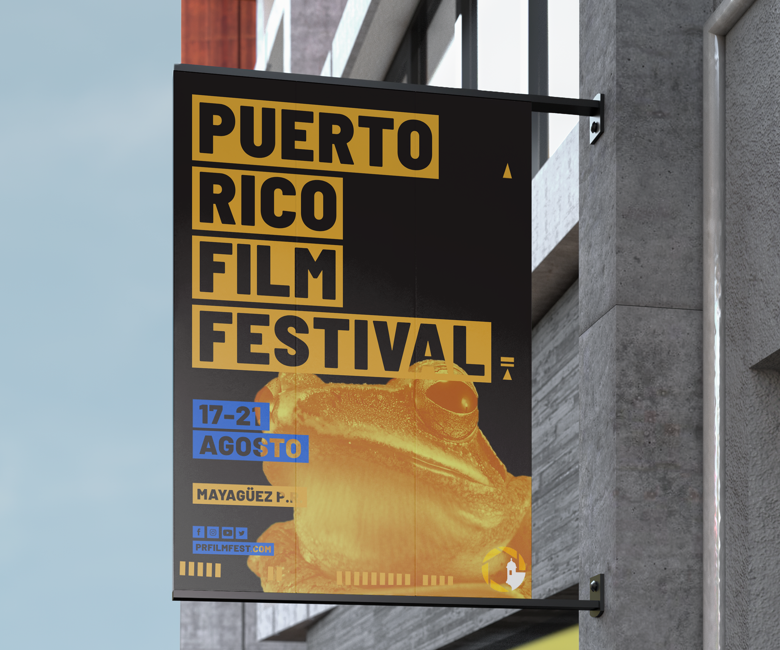 Cartel que promociona el Puerto Rico Film Festival con una imagen de una rana y detalles del evento del 17 al 21 de agosto, en Mayagüez.