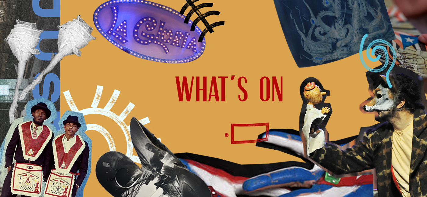 Un collage colorido con diversos objetos y personajes, incluyendo dos hombres con trajes tradicionales, figuras con máscaras de animales, luces de neón, y elementos abstractos, con el texto 'WHAT'S ON' en el centro.