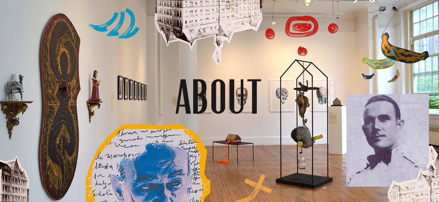 Lejos en una galería de arte, varias esculturas y obras de arte en las paredes. Textos, dibujos y figuras flotantes decoran el espacio, con la palabra 'ABOUT' en el centro.