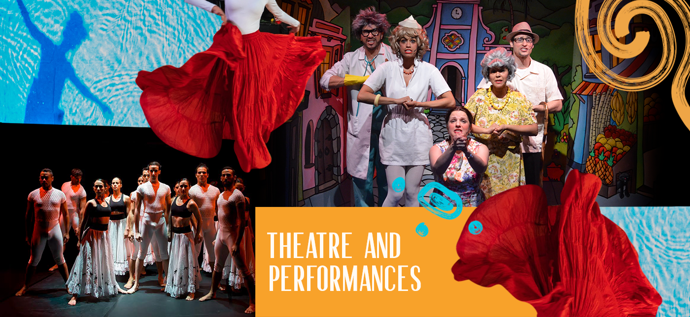 Grupo de actores en escenario de teatro en medio de una actuación. Muchos con disfraces y expresiones dramáticas, fondos coloridos y decorados teatrales.