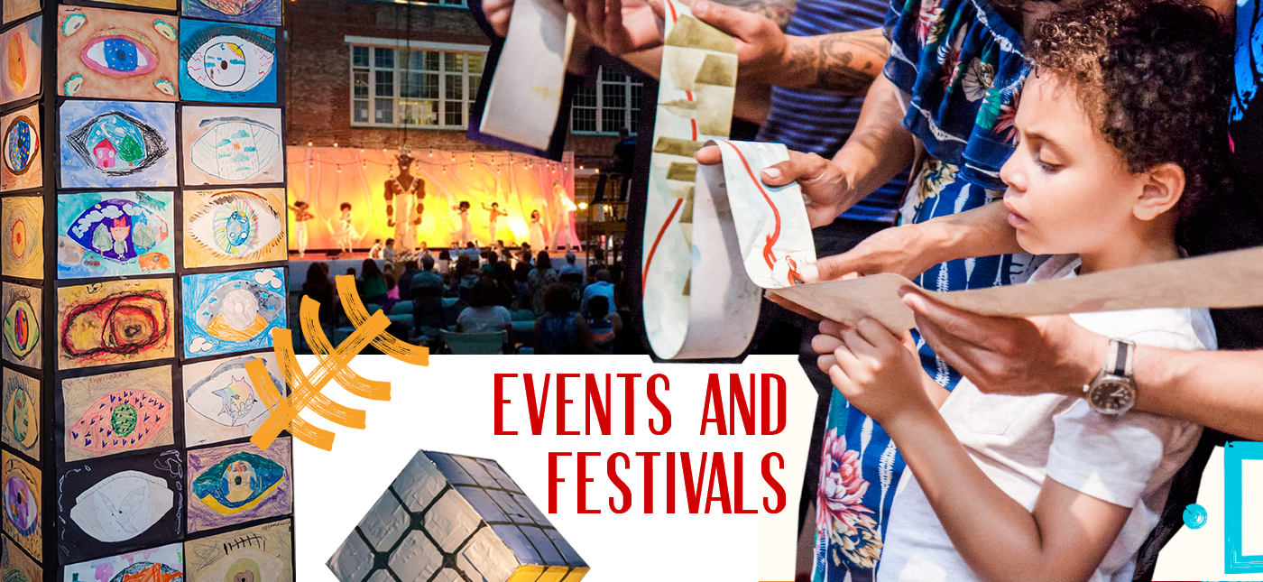 Personas en un evento de teatro al aire libre, con niños y adultos observando presentaciones en un escenario y viendo arte infantil, con un cartel que dice "Eventos y Festivales".