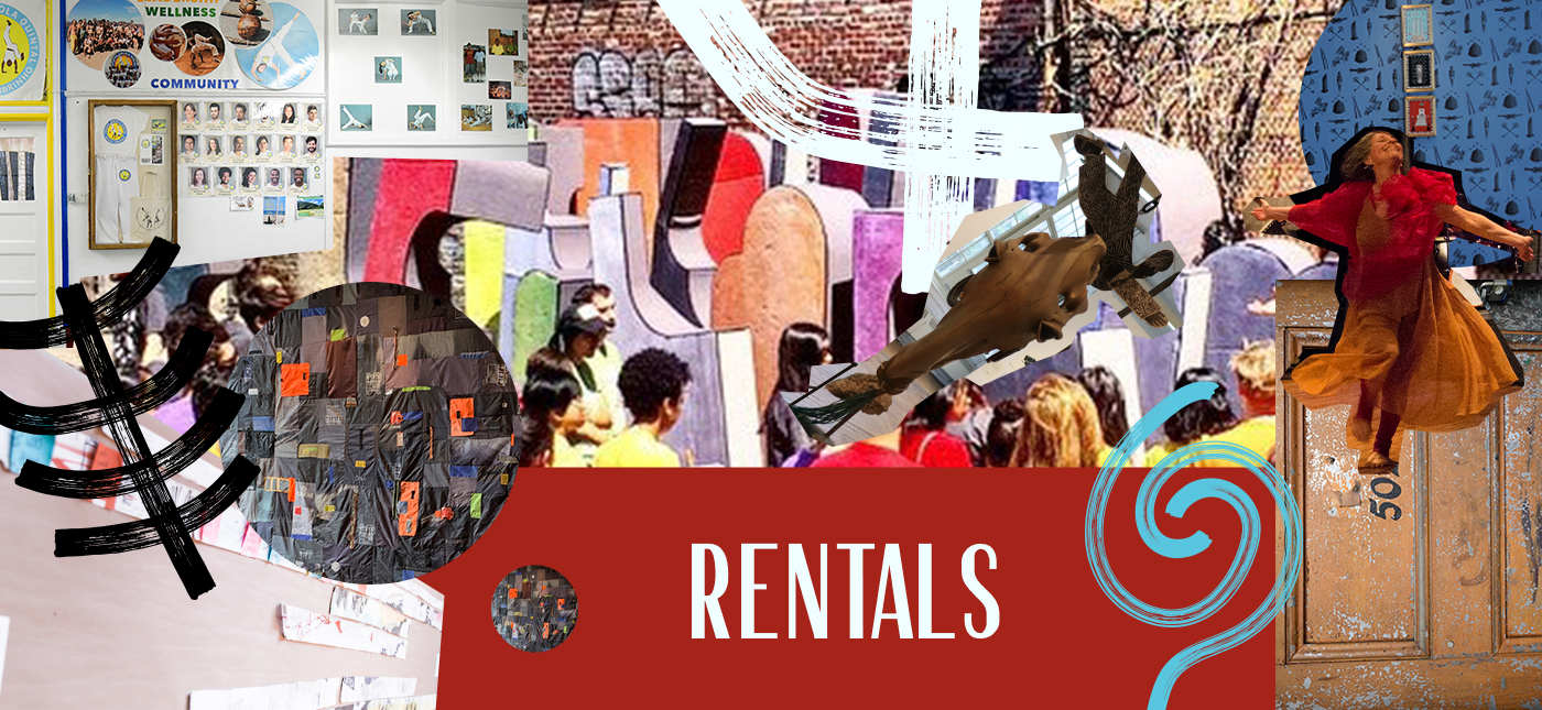 Collage de escenas de alquileres con personas en un evento de comunidad, exhibiciones de arte, personas viendo y participando en actividades culturales, y una mujer bailando en un escenario con un fondo artístico.