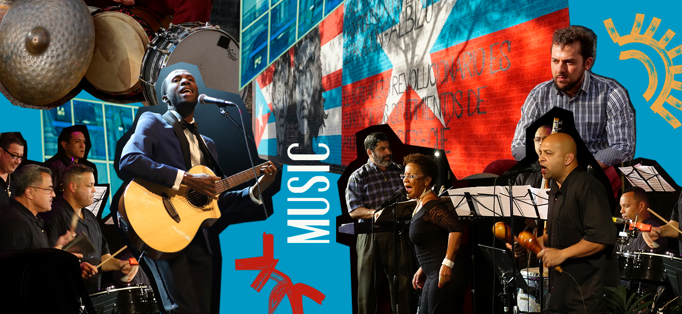Un grupo de músicos tocando instrumentos en una presentación en vivo, con guitarrista, percusionistas y una vocalista. En el fondo, una pantalla con texto en español y una pared decorada con un mural artístico y la bandera de Puerto Rico.