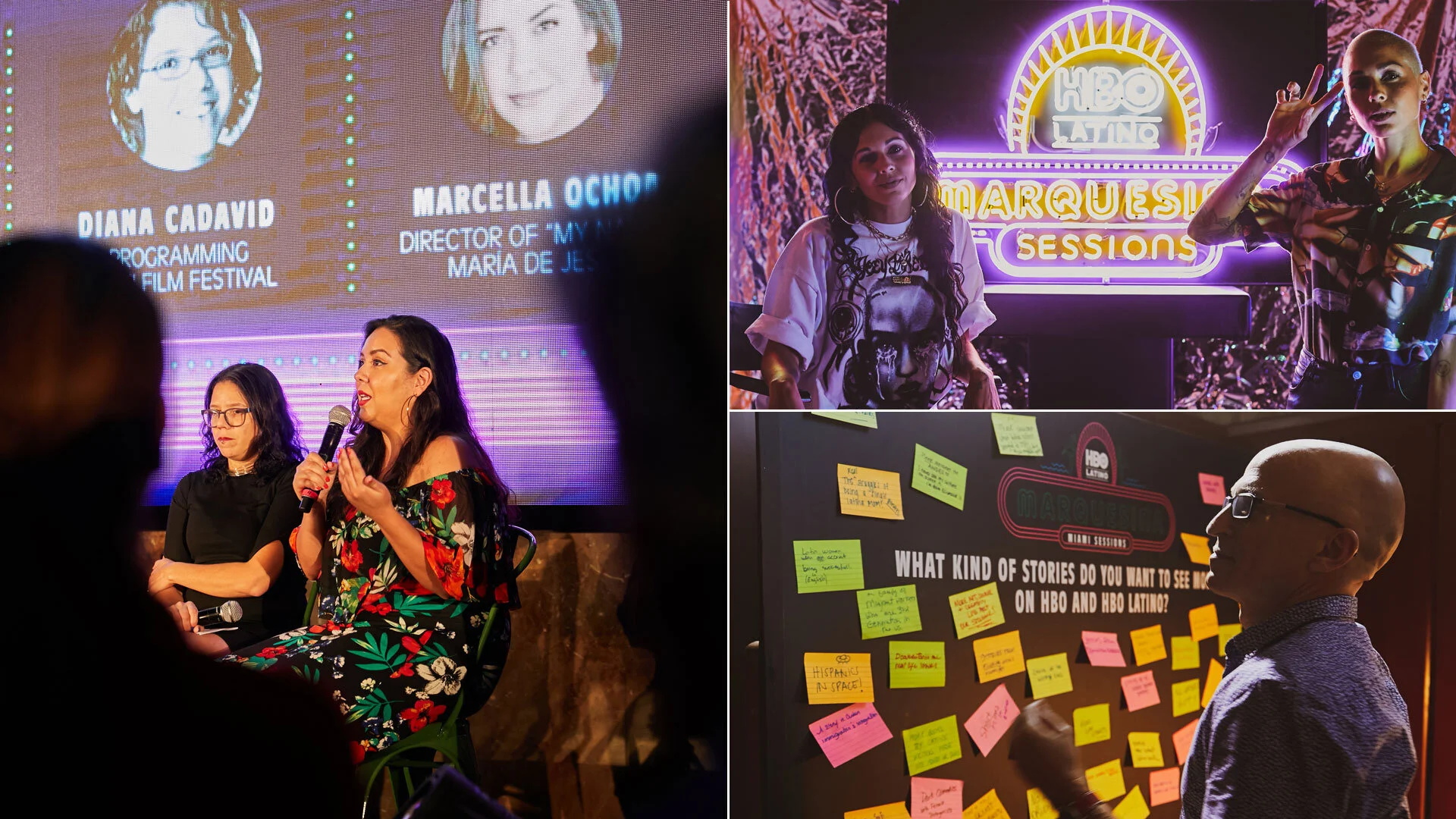 Varias personas participando en un evento de HBO Latino llamado Marquees Sessions, con una pantalla grande en el fondo y una pared con notas adhesivas.