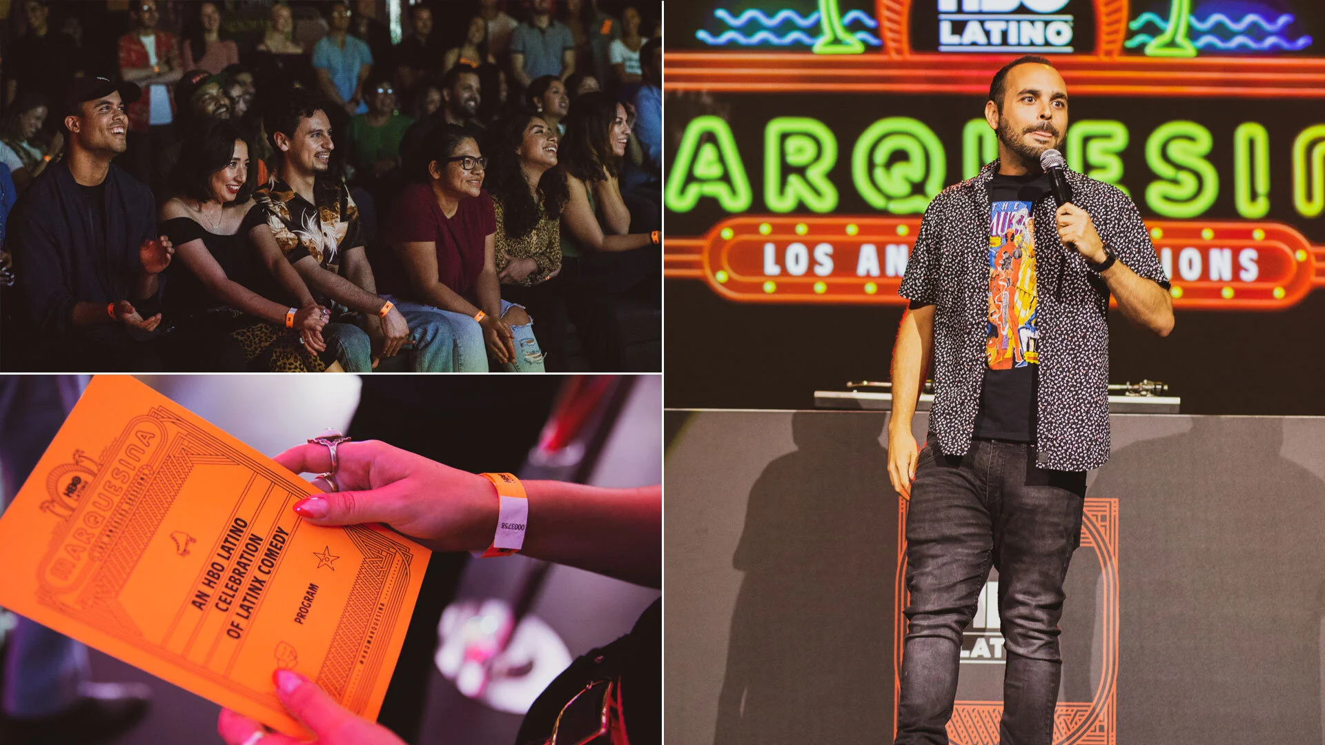Un grupo de personas en un evento de comedia latino en Los Ángeles. Una mujer sostiene un boleto de evento y una mujer con uñas rosadas usa una pulsera del evento. En el escenario, un comediante con micrófono frente a un fondo con luces de neón y el 