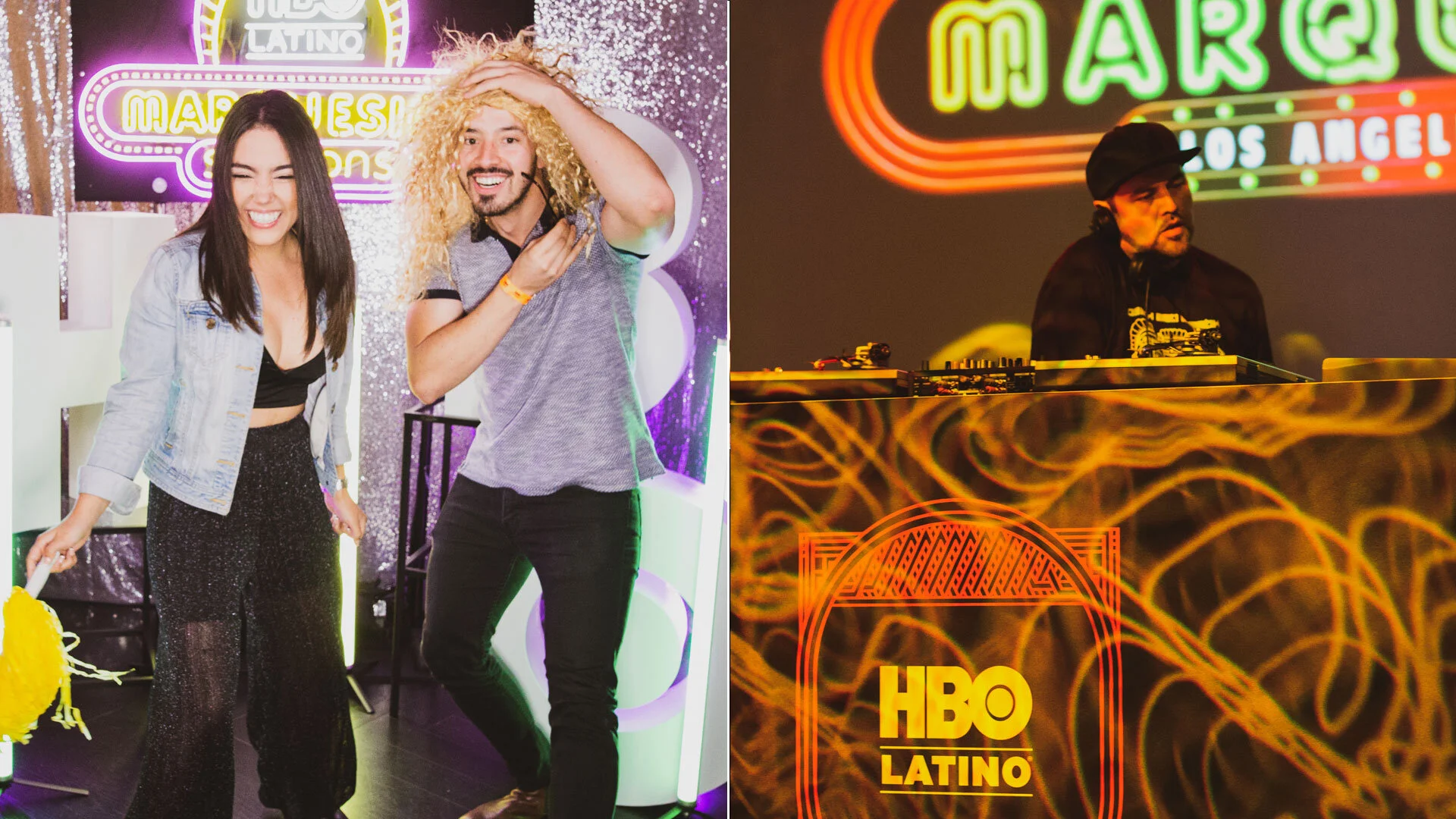 Una fiesta con una pareja sonriendo y bailando en el lado izquierdo, y un DJ tocando en la consola en el lado derecho, con neón y decoraciones brillantes.