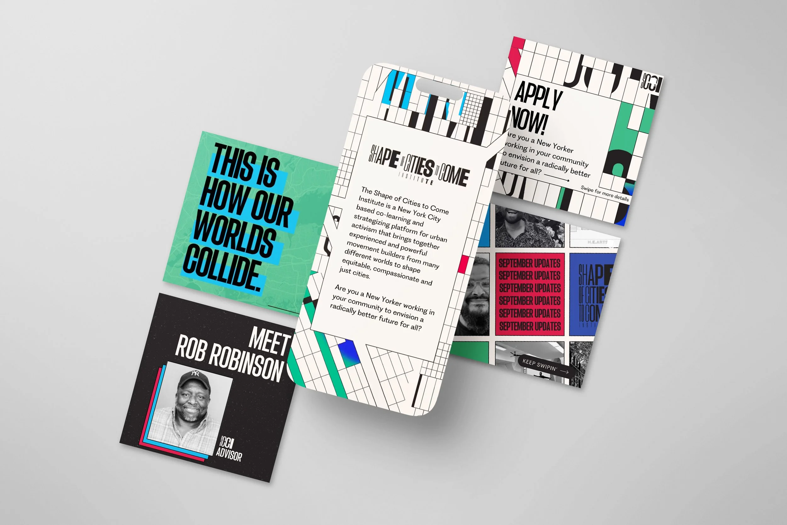 Tarjetas promocionales con texto y fotografías de personas, en diseños coloridos y modernos, promocionando eventos y actividades en la ciudad de Nueva York.