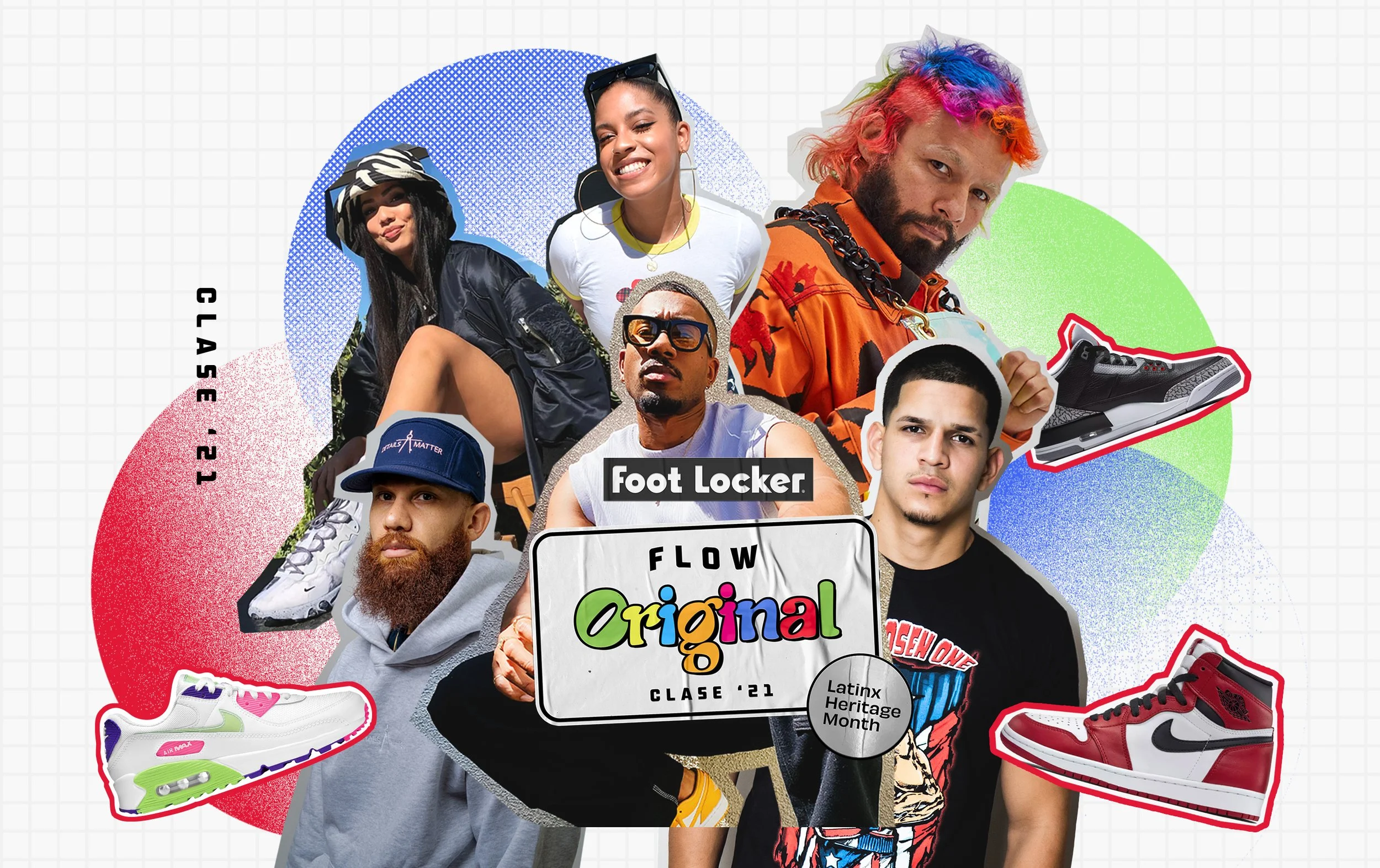 Colección de personas con diferentes estilos de moda, junto con zapatos deportivos de varias marcas, en un fondo colorido que celebra la herencia latina y la moda original.