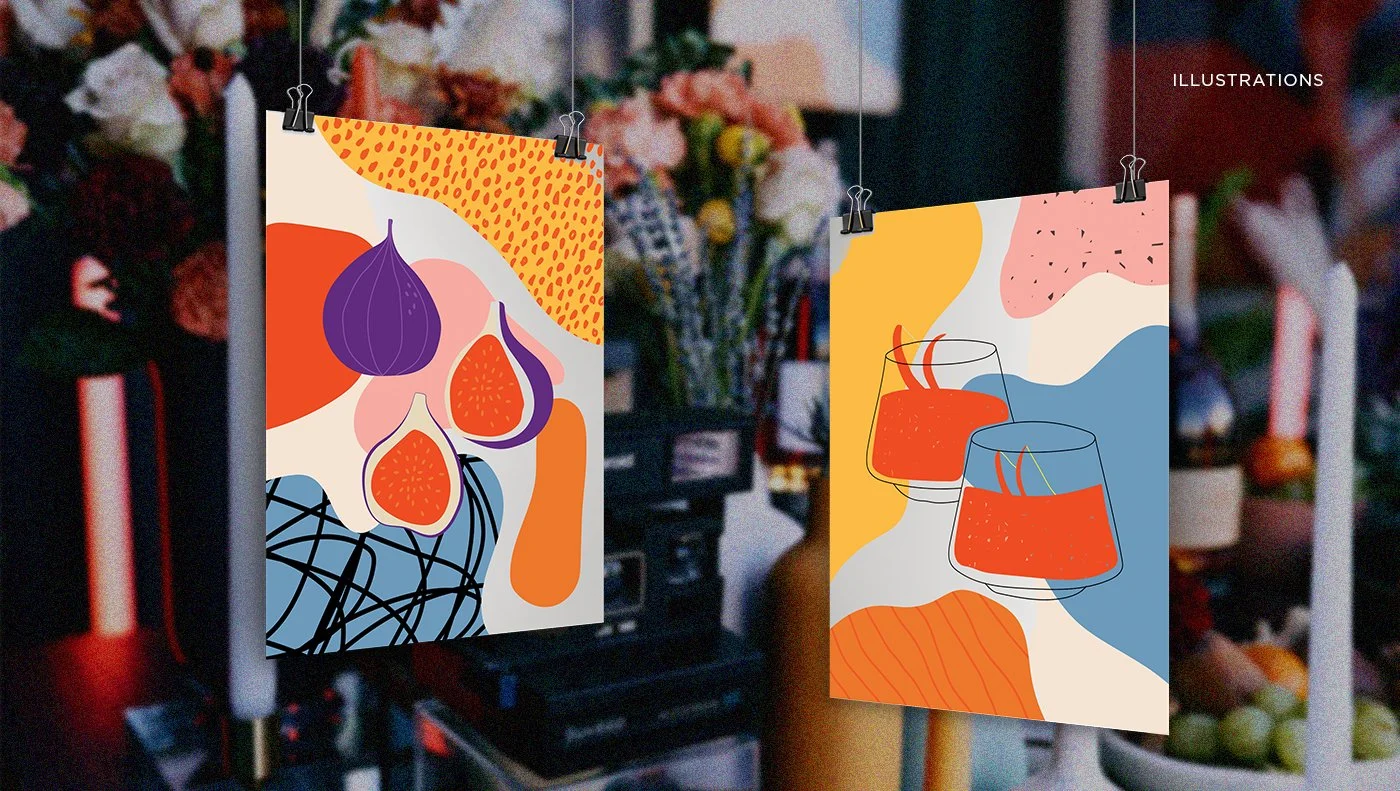 Dos carteles de ilustraciones abstractas y coloridas colgados en hilos con clip, en un fondo de flores y objetos.