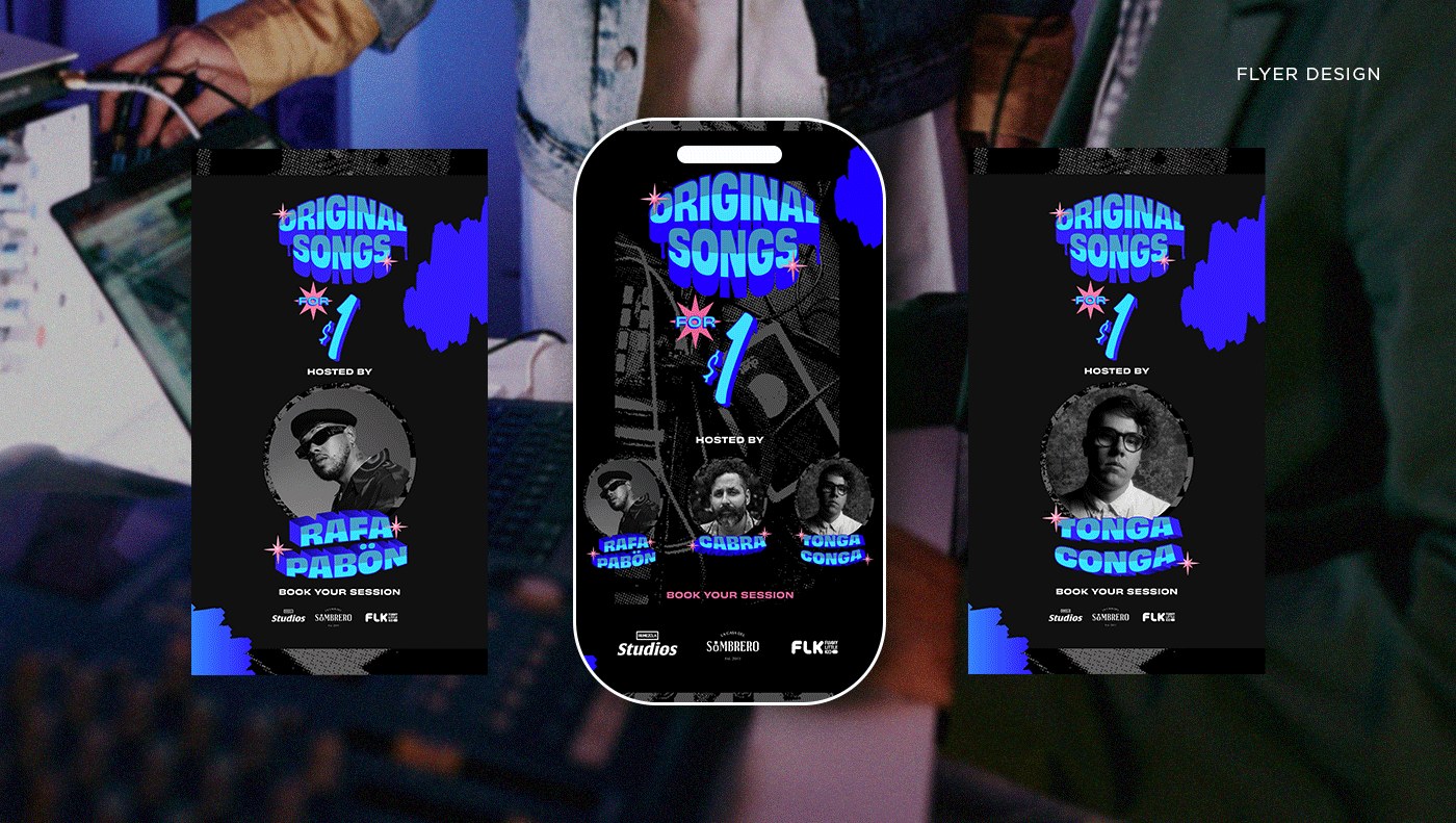 Cartel digital promocional para una sesión de música en vivo, con fotos de tres diferentes artistas y detalles del evento, en fondo negro con textos en azul y rosa neón.