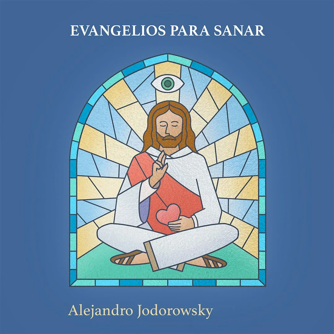 Ilustración con estilo de vitral de Jesús con el corazón en la mano y señalando con la otra, con un ojo en la parte superior, título y autor en español.