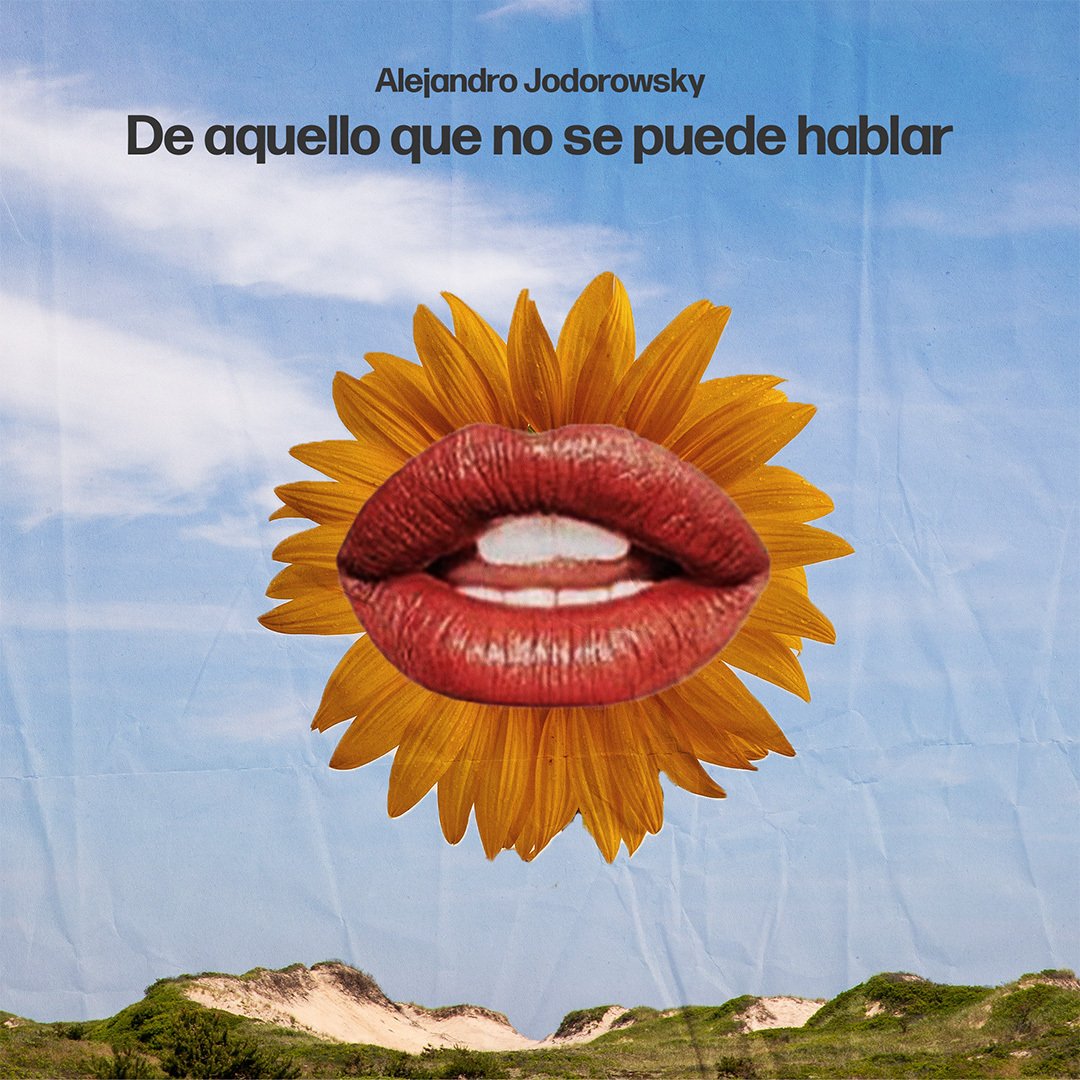 Portada con un fondo de cielo azul y nubes, una montaña y un campo verde con arbustos, una flor de girasol en el centro, y en el centro, unos labios rojos con la lengua afuera.