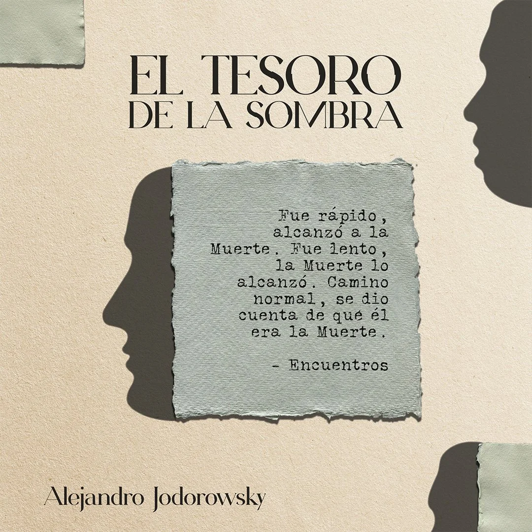 Portada de un libro titulado "El tesoro de la sombra" de Alejando Jodorowsky, con una cita en una hoja de papel y siluetas de perfiles en sombra a la derecha y a la izquierda.