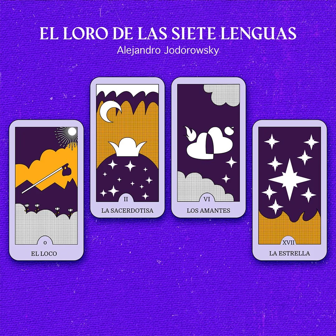 Las cuatro cartas del Tarot: El Loco, La Sacerdotisa, Los Amantes y La Estrella, con fondo púrpura y texto en español