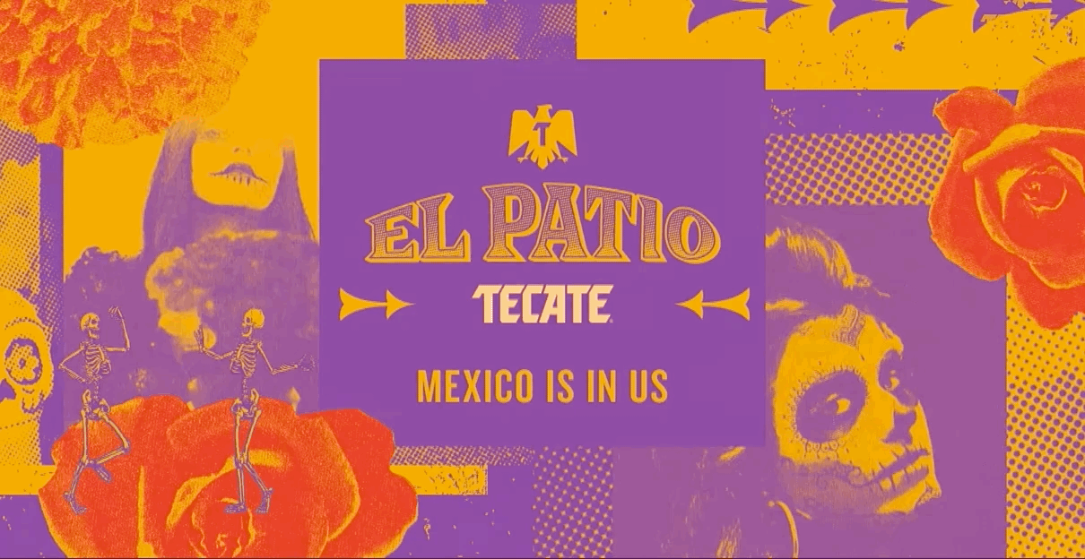 Cartel colorido que dice 'El Pato Tecate, México está en nosotros', con elementos de calaveras, flores y danzarines en estilo mexicano